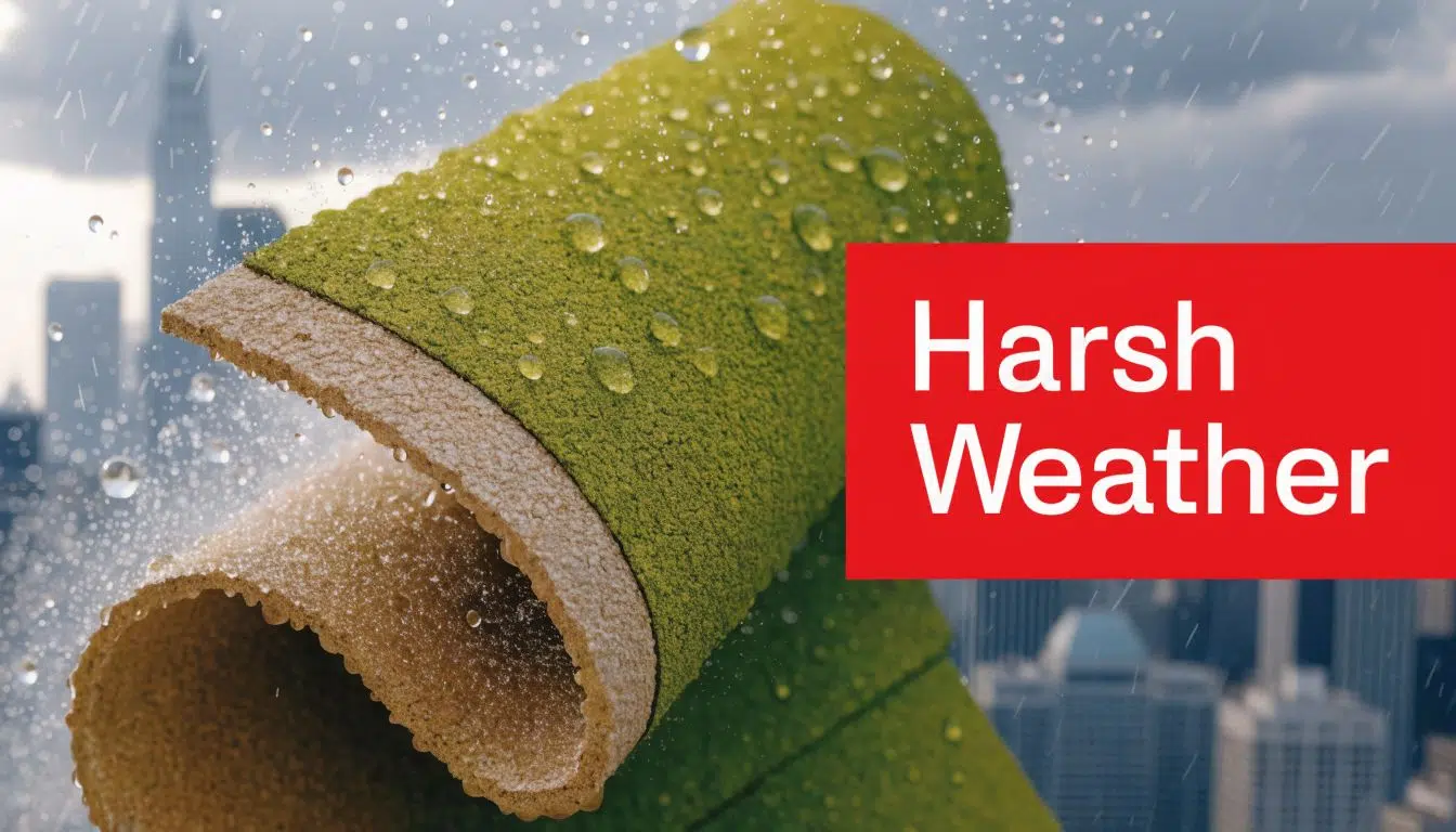 A close-up view of a green roofing material being exposed to rain against a city skyline background.