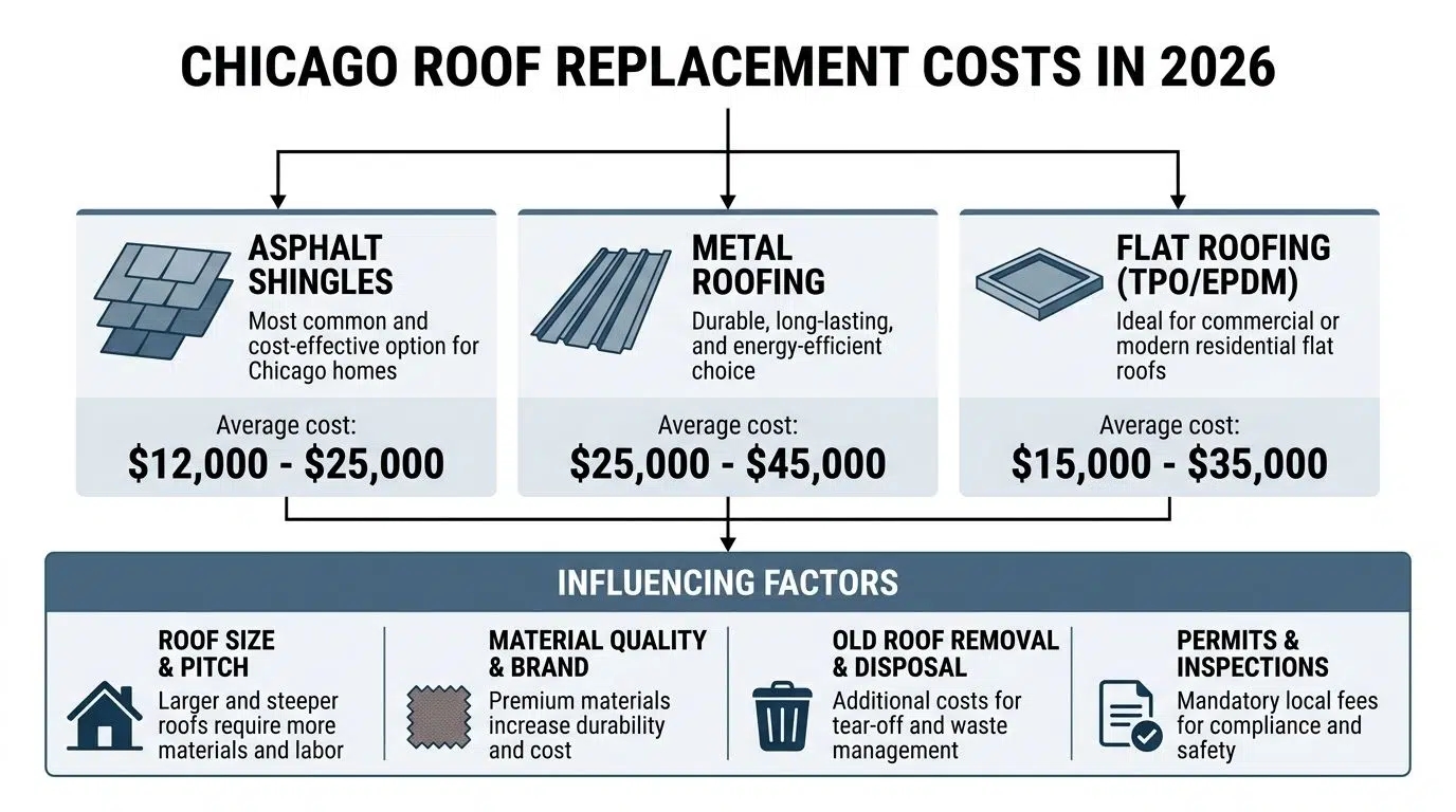 How Much Does a New Roof Cost in Chicago? 2 A chart showing the 2026 average cost ranges for asphalt, metal, and flat roof replacements in Chicago.