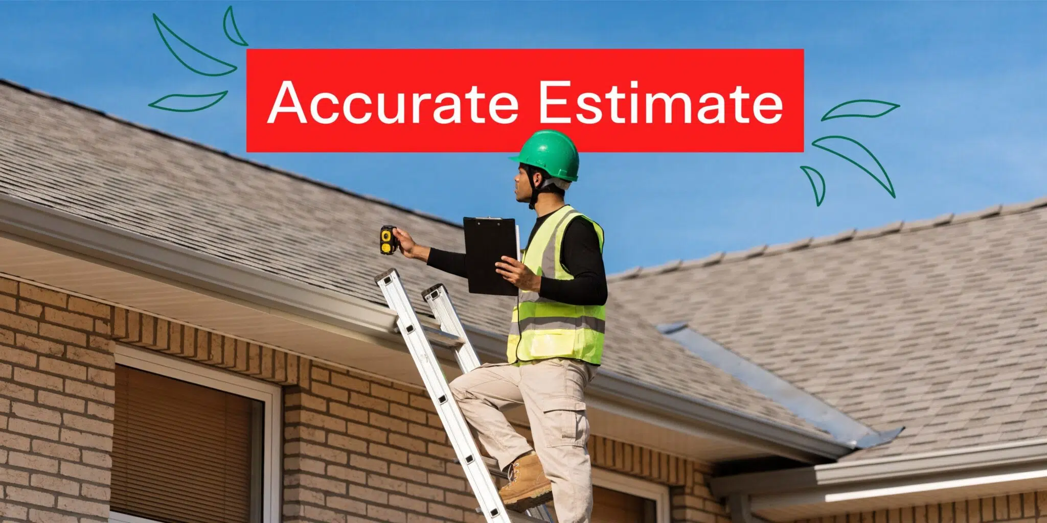 How Much Does a New Roof Cost in Chicago? 4 A professional construction inspector on a ladder using a laser measure to estimate roof repair costs.