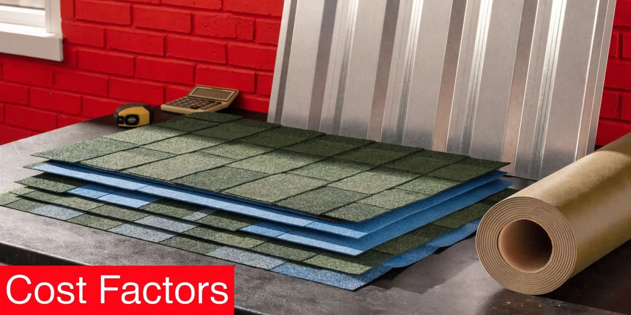 How Much Does a New Roof Cost in Chicago? 3 A pile of asphalt shingles, roofing felt, and metal sheeting on a workbench to estimate roof costs.
