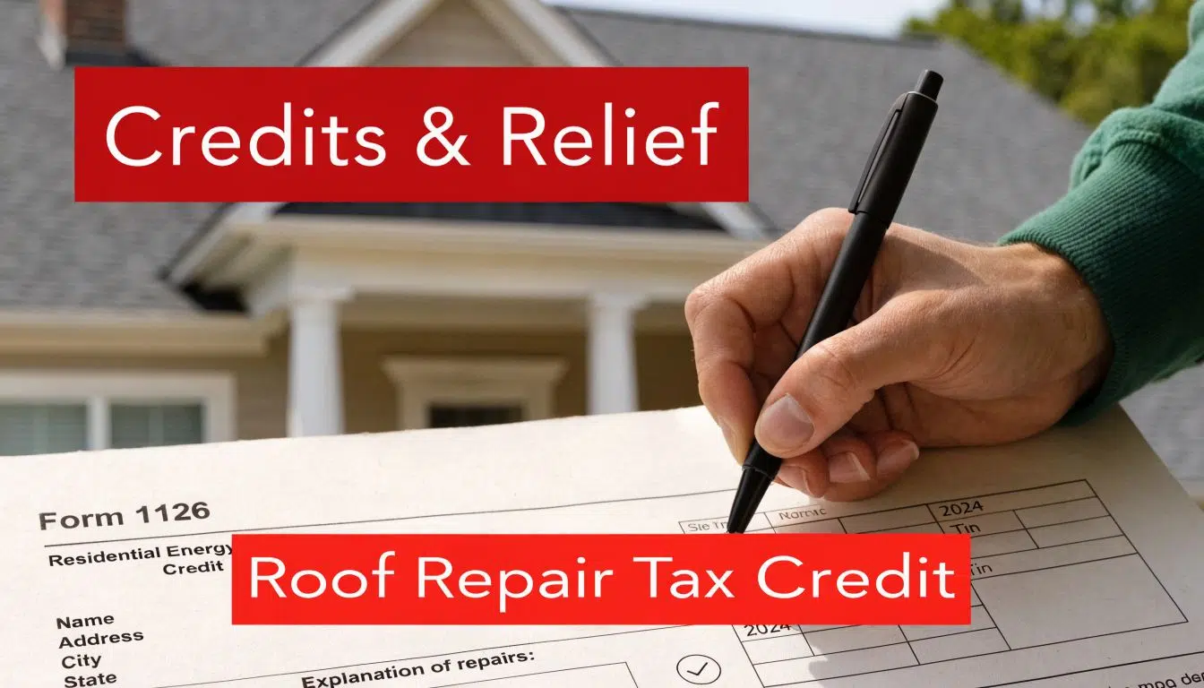 Is Roof Replacement Tax Deductible in Illinois? 3 A hand filling out a tax form about residential energy credits for roof repair in 2024.