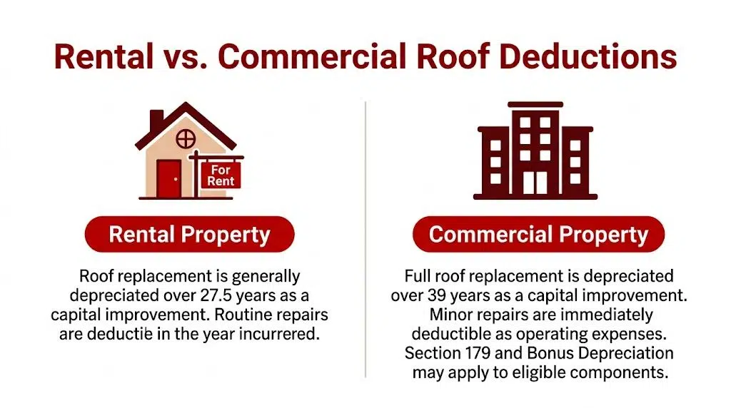 Is Roof Replacement Tax Deductible in Illinois? 2 A comparison chart outlining tax deduction rules for roof replacements on residential rental and commercial properties.