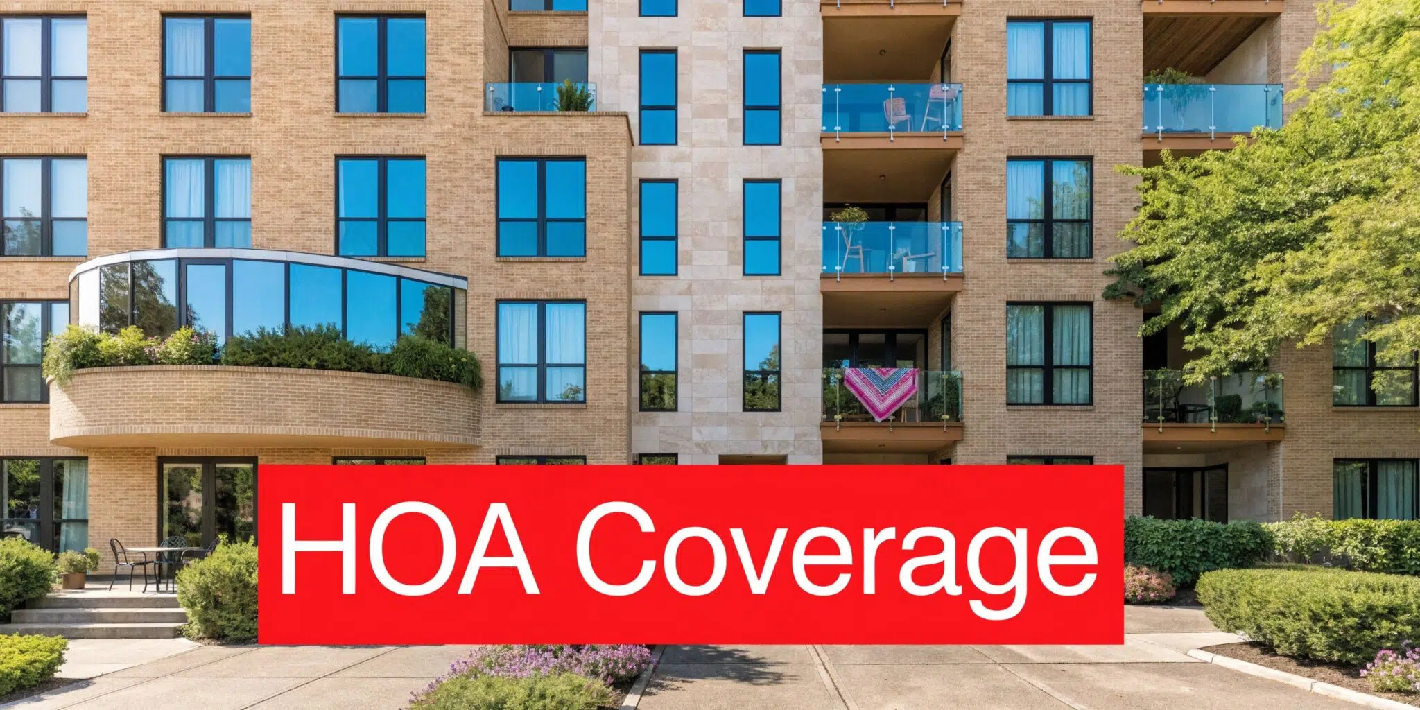 A multistory modern brick residential apartment building with balconies and landscaped bushes under a sunny sky.