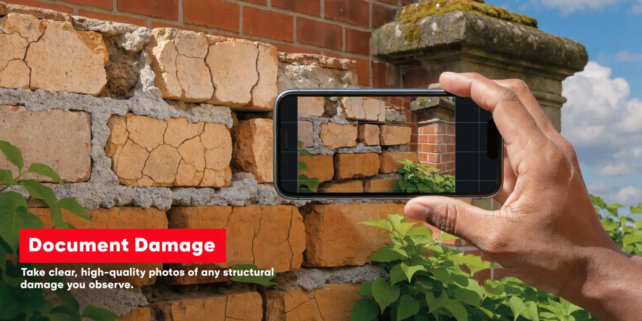 A hand holding a smartphone to take a photo of a damaged and crumbling brick wall.