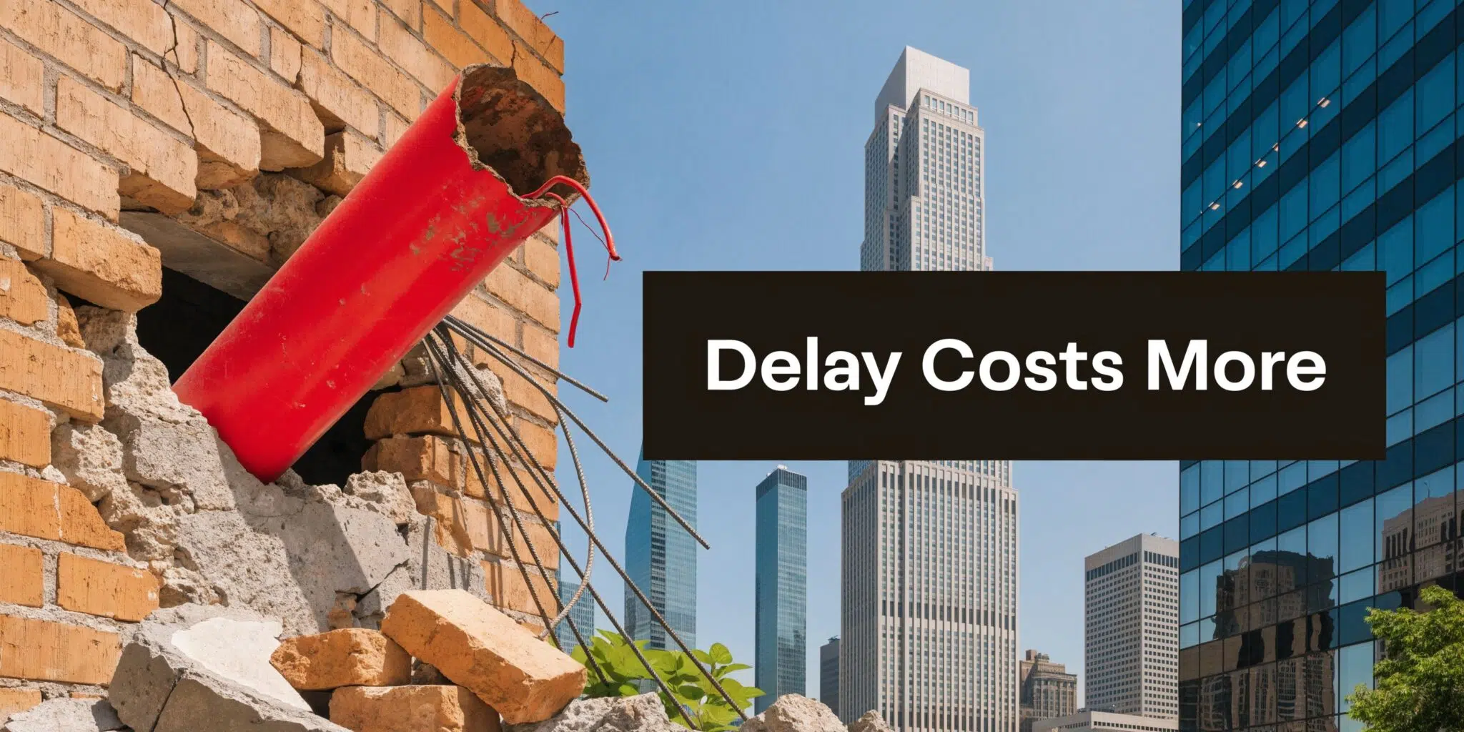 A red pipe emerging from a damaged brick wall against a backdrop of city skyscrapers.