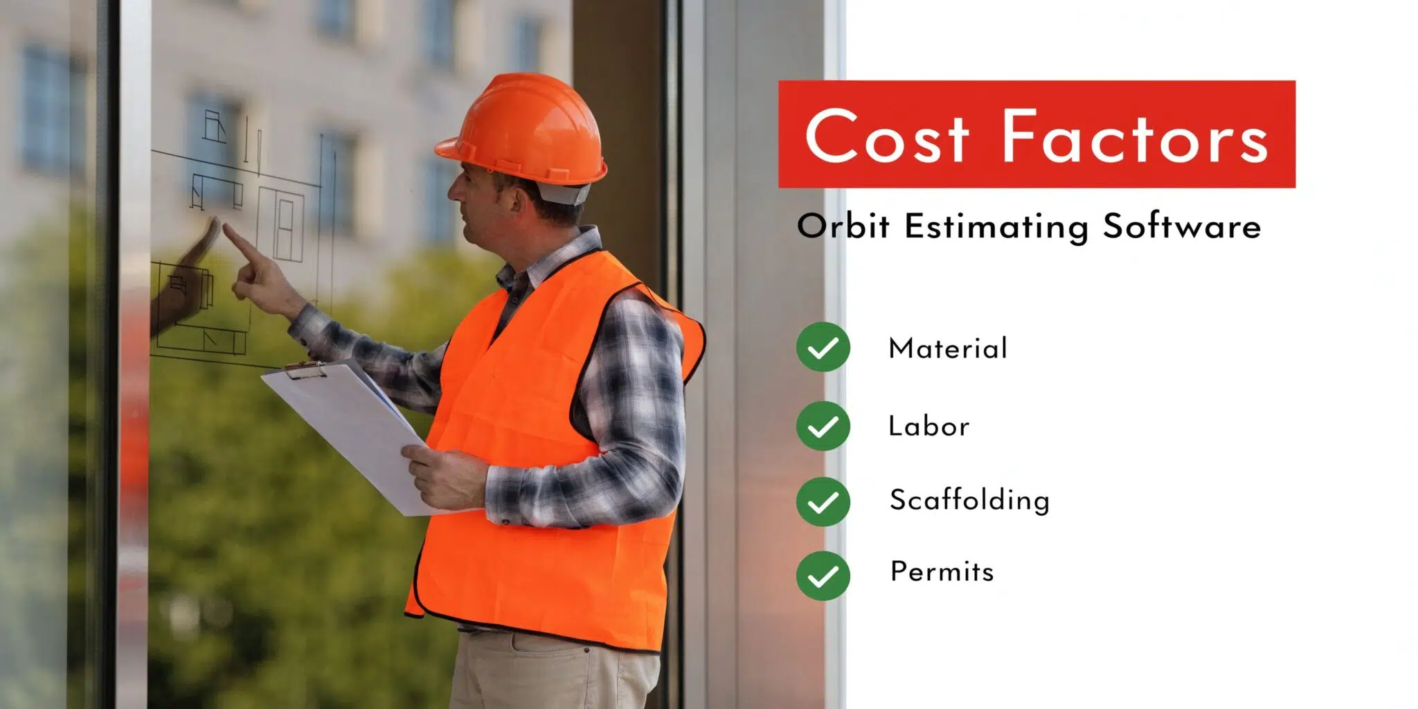 A construction worker in a safety vest and hard hat reviewing floor plans for building cost estimation.