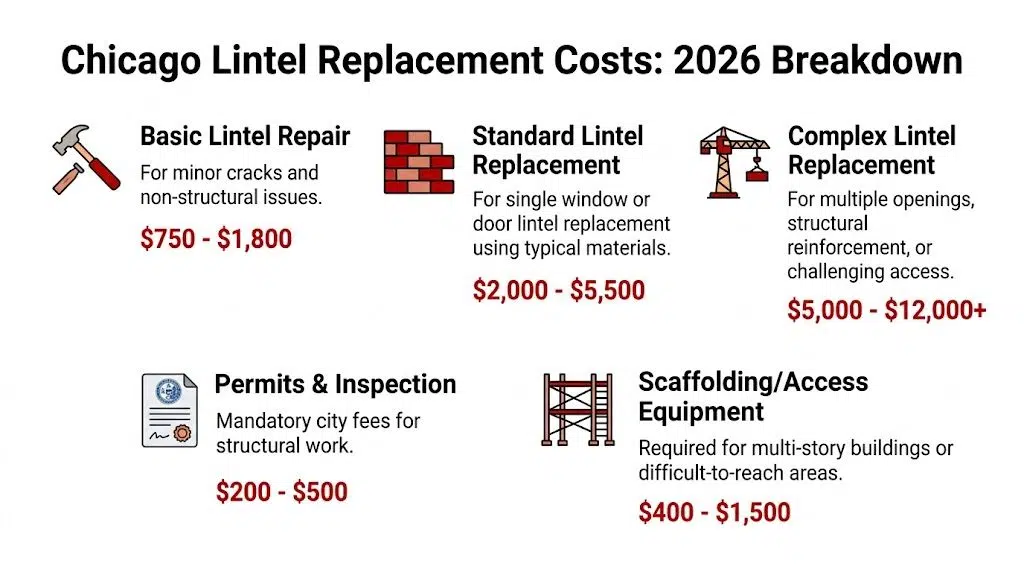 An infographic detailing the estimated 2026 costs for various lintel replacement and repair services in Chicago.