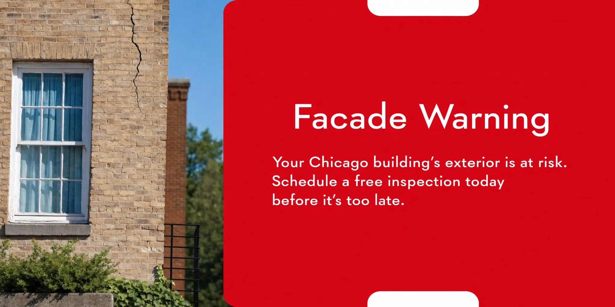 A cracked brick building wall with a warning about facade inspections for Chicago property owners.