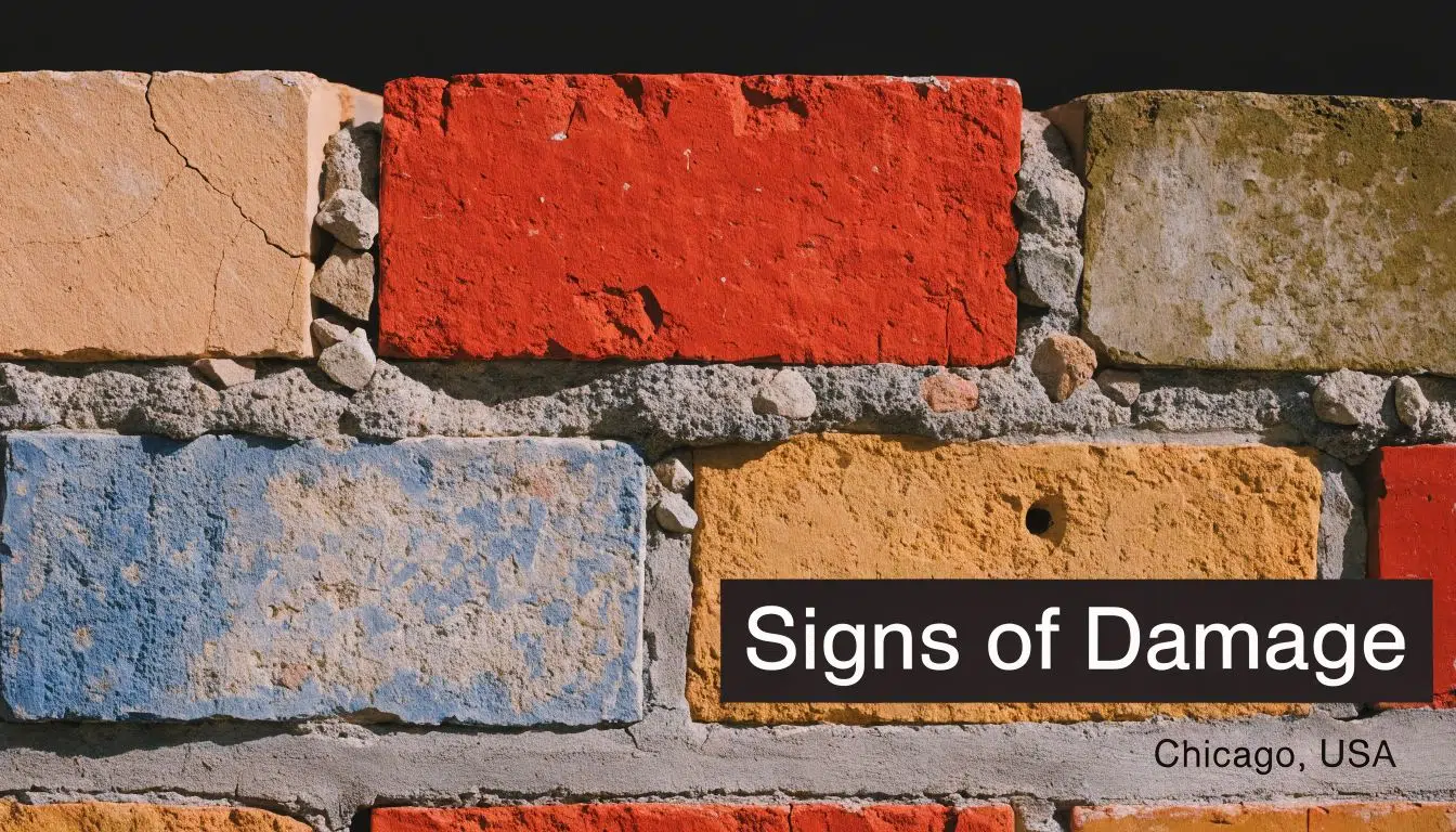 Masonry Repair Chicago: Signs, Costs & Contractors 1 A close-up view of a multicolored brick wall featuring damaged mortar and cracks in Chicago, USA.