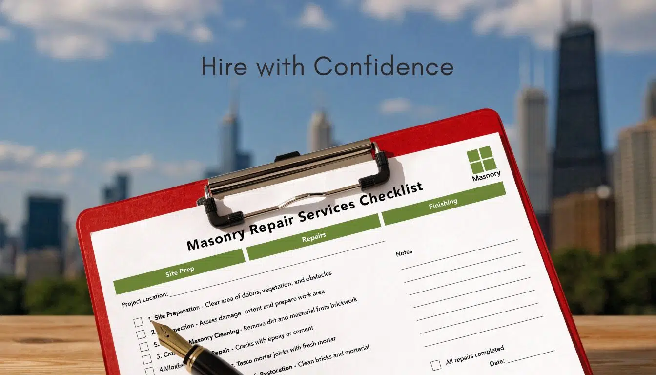 Masonry Repair Chicago: Signs, Costs & Contractors 4 A clipboard with a masonry repair services checklist held in front of a blurred Chicago cityscape background.