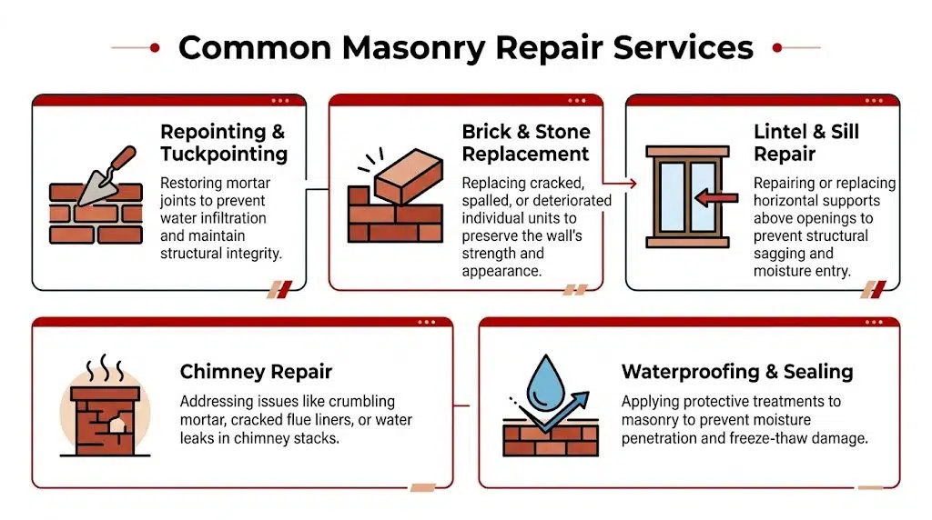 Masonry Repair Chicago: Signs, Costs & Contractors 2 A visual guide outlining common masonry repair services including repointing, brick replacement, lintel repair, chimney repair, and waterproofing.