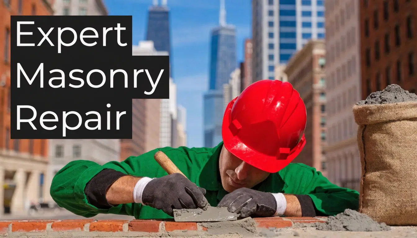 Masonry Repair Chicago: Signs, Costs & Contractors 3 A professional construction worker in a red hard hat performing masonry repairs on a Chicago brick wall.