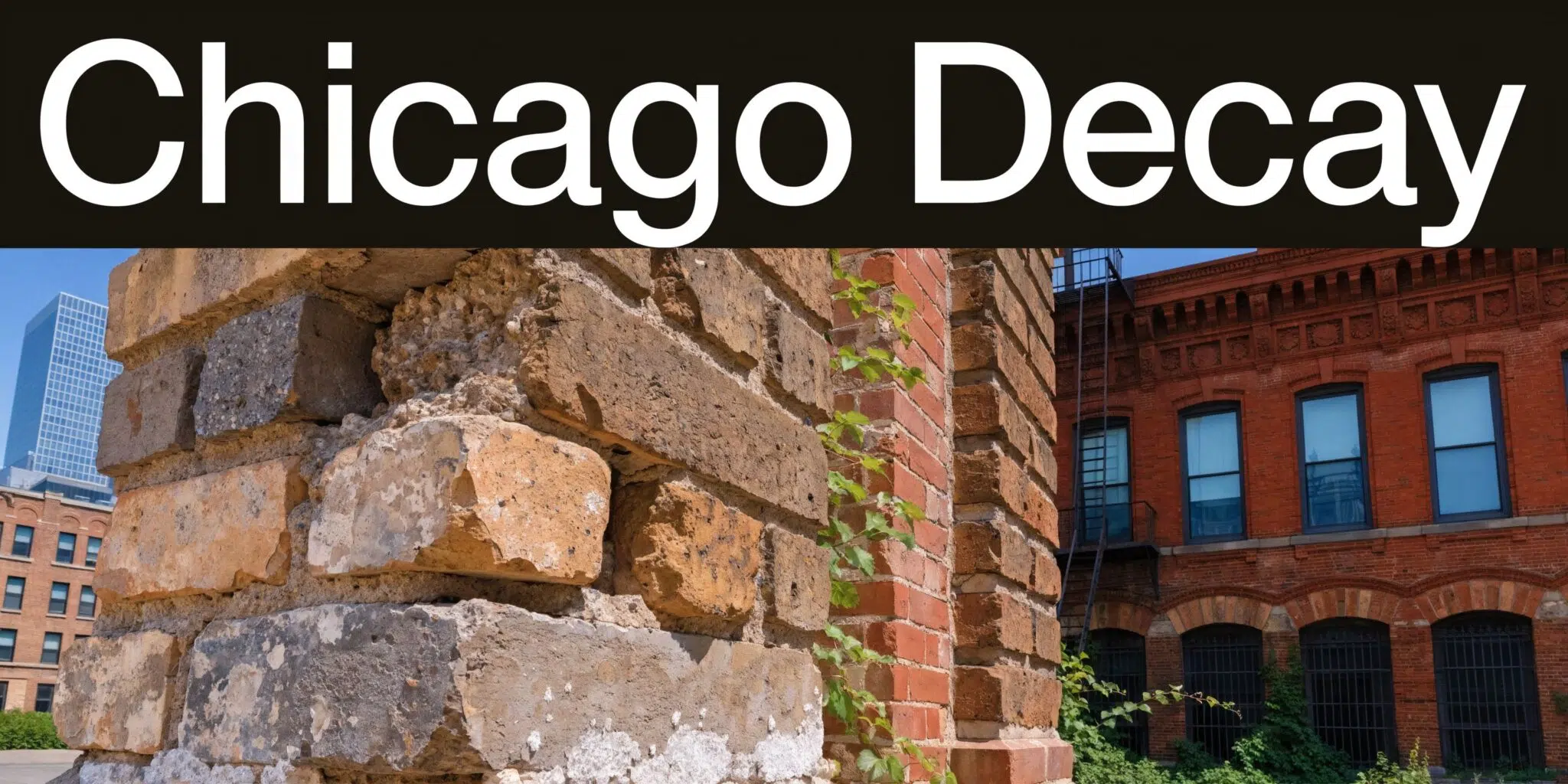 A weathered brick wall structure in the foreground with a historic red brick building behind it in Chicago.