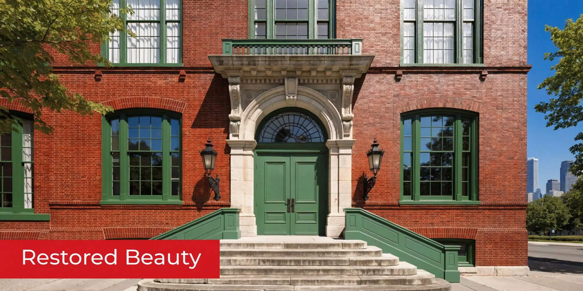 A red brick building featuring a historic green door entrance with stone archway and stone steps.