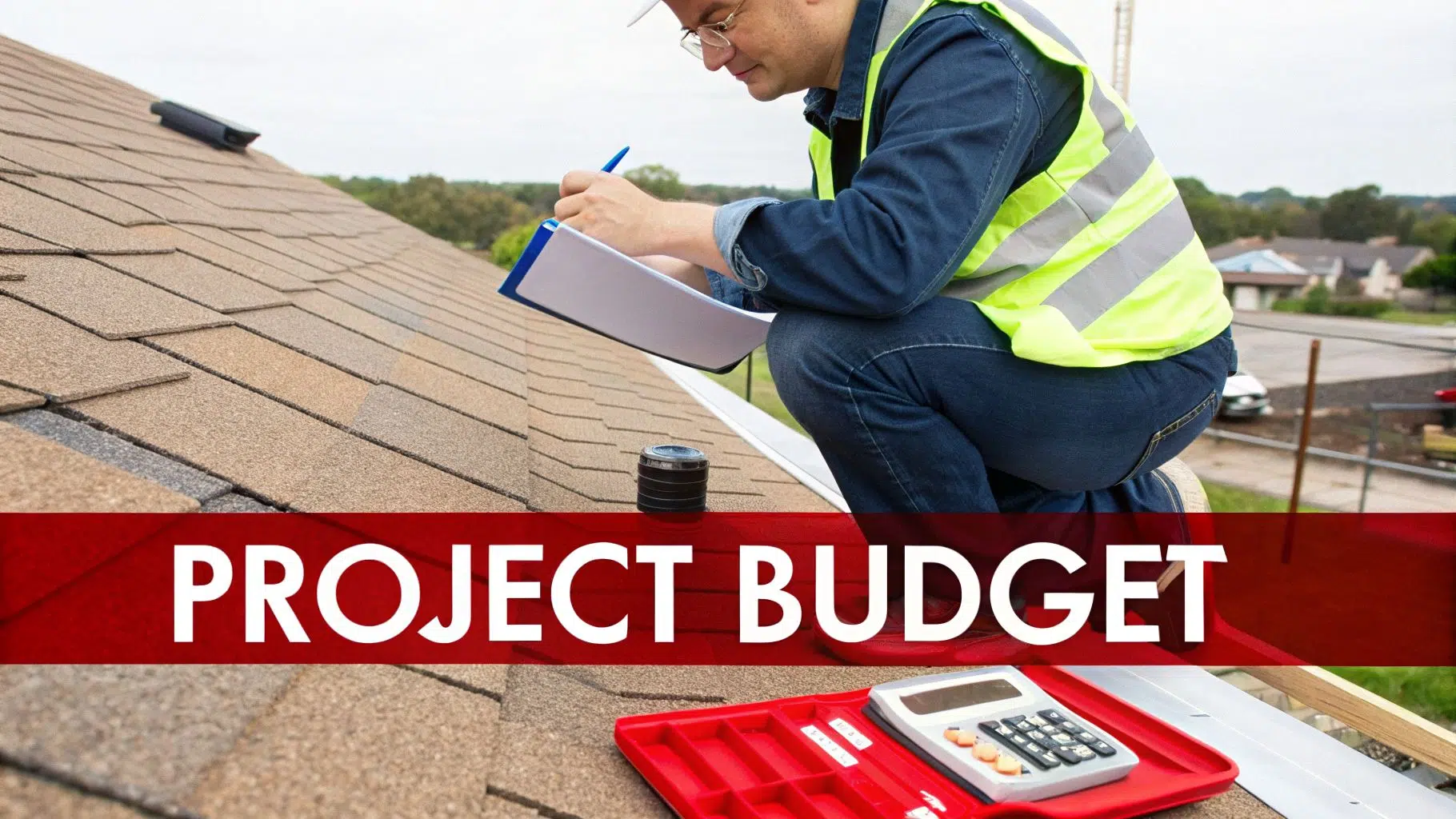 A roofer wearing a safety vest and hard hat inspects a shingled roof, writing on a clipboard.