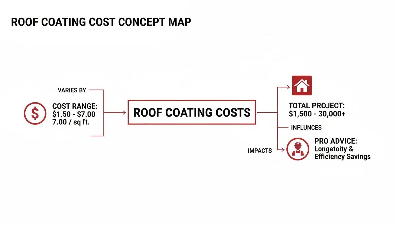 Concept map detailing roof coating costs, showing per square foot range, total project price, and benefits like longevity and efficiency.