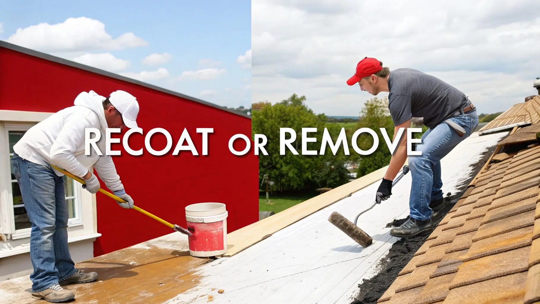 A split image showing one man recoating a roof and another removing old roofing material.