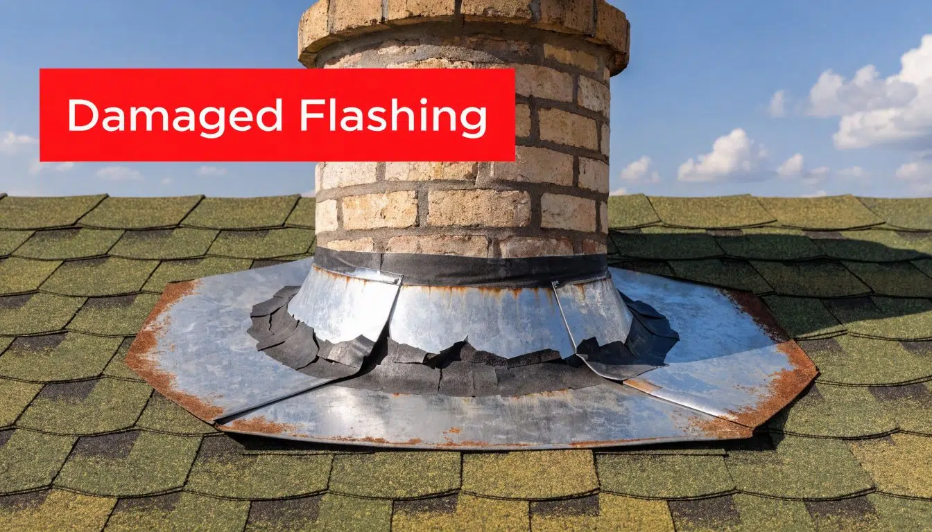 8 Signs You Need a New Roof in Chicago 3 A close-up view of a brick chimney on a shingled roof showing damaged, rusted metal flashing.