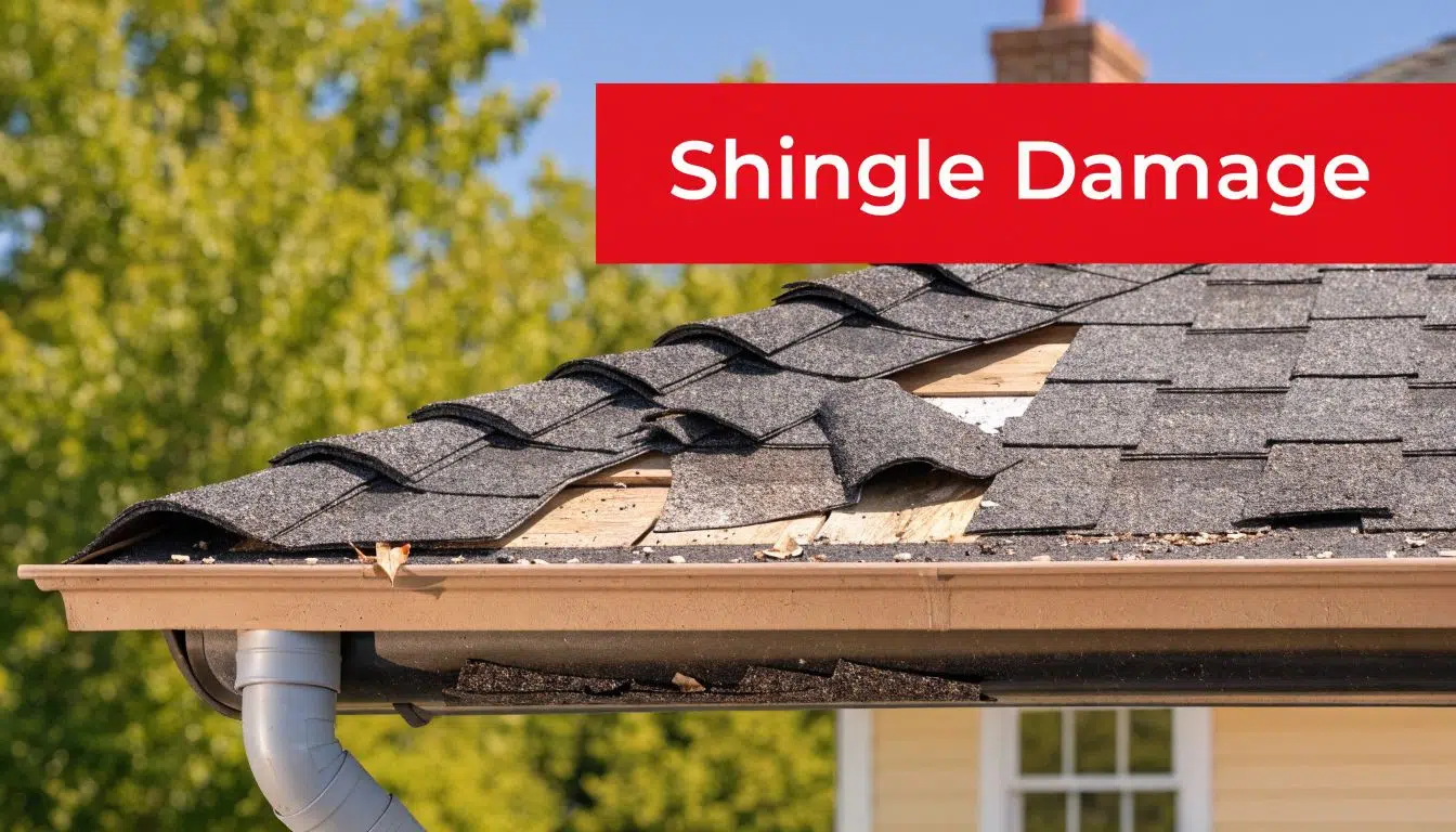 8 Signs You Need a New Roof in Chicago 1 A close-up view of a residential roof showing missing and damaged asphalt shingles exposing the wooden deck.