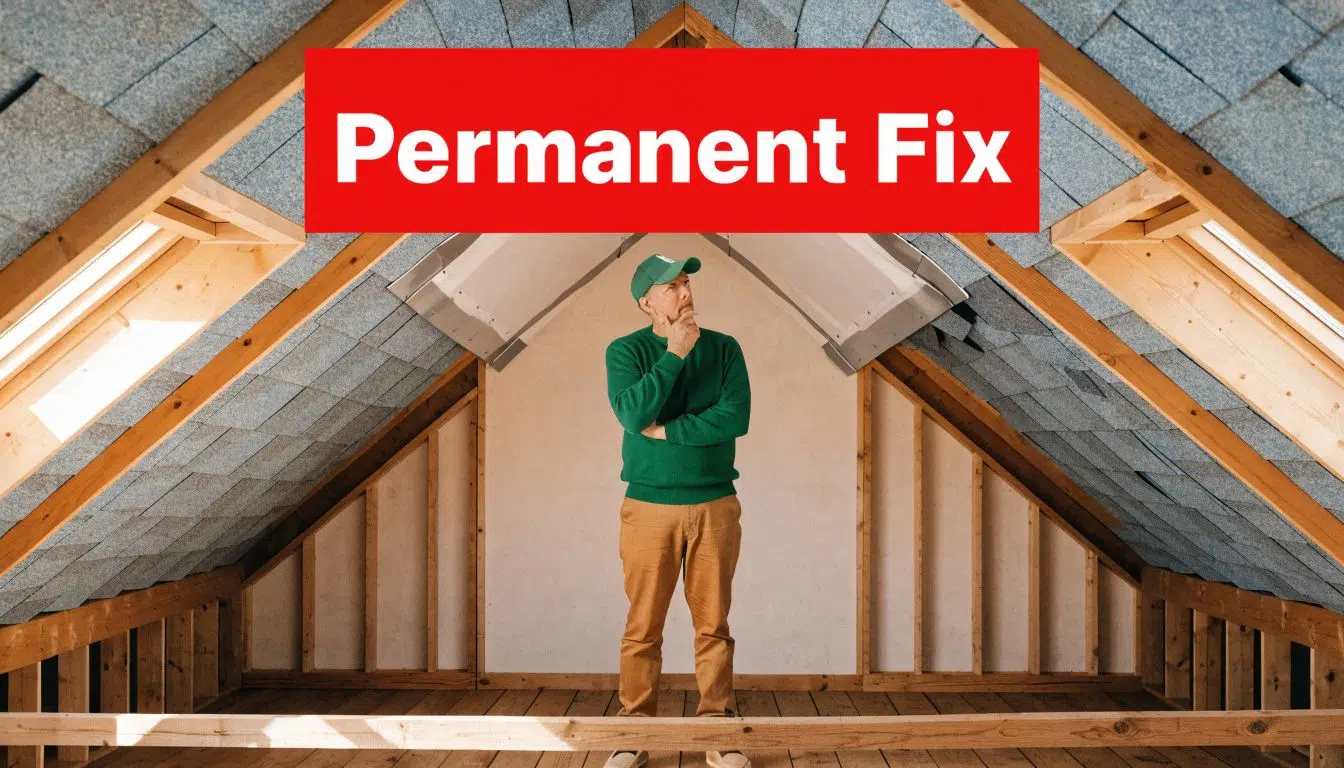 Temporary Leak Fix for Roof From Inside (2026 Guide) 4 A man in a green sweater looks thoughtful inside an unfinished attic with roof framing.
