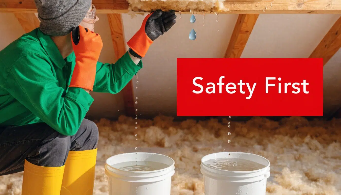 Temporary Leak Fix for Roof From Inside (2026 Guide) 1 A professional inspector examining a roof leak in an attic with buckets catching water drops.