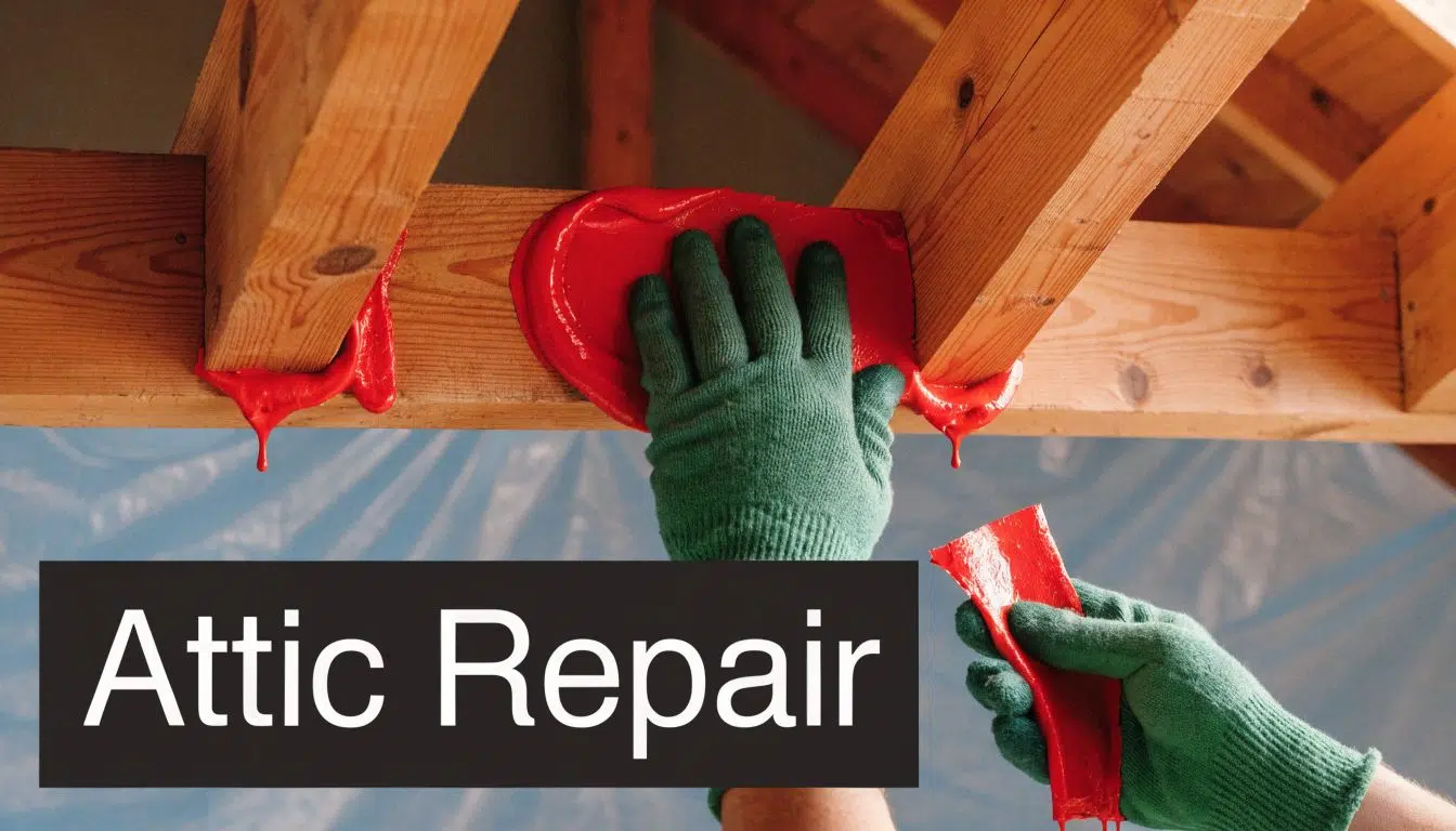 Temporary Leak Fix for Roof From Inside (2026 Guide) 3 Worker in green gloves applying red sealant to wood beams as a temporary attic roof leak repair.