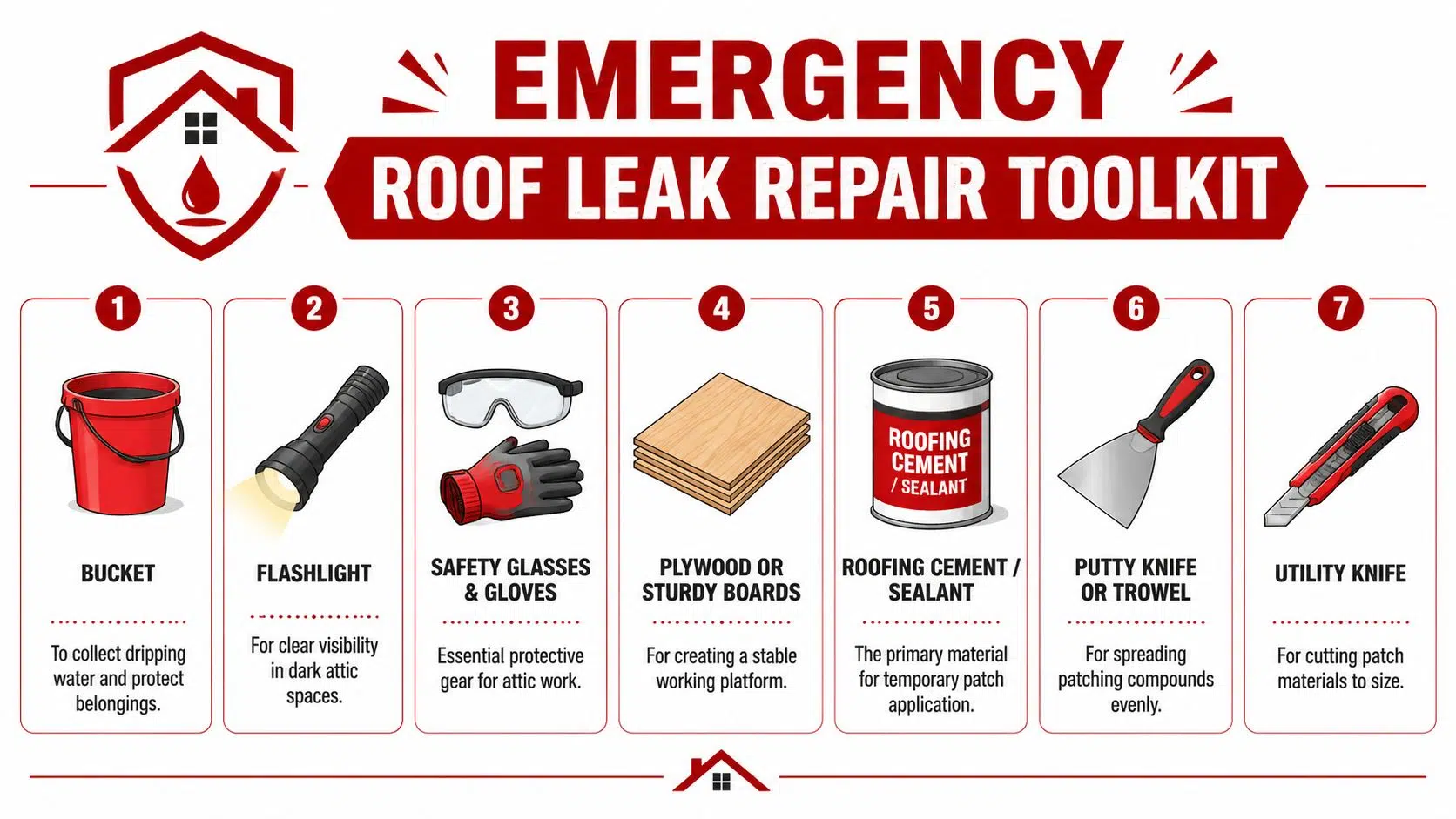 Temporary Leak Fix for Roof From Inside (2026 Guide) 2 A seven-step infographic showing essential tools needed for performing an emergency roof leak repair from inside.