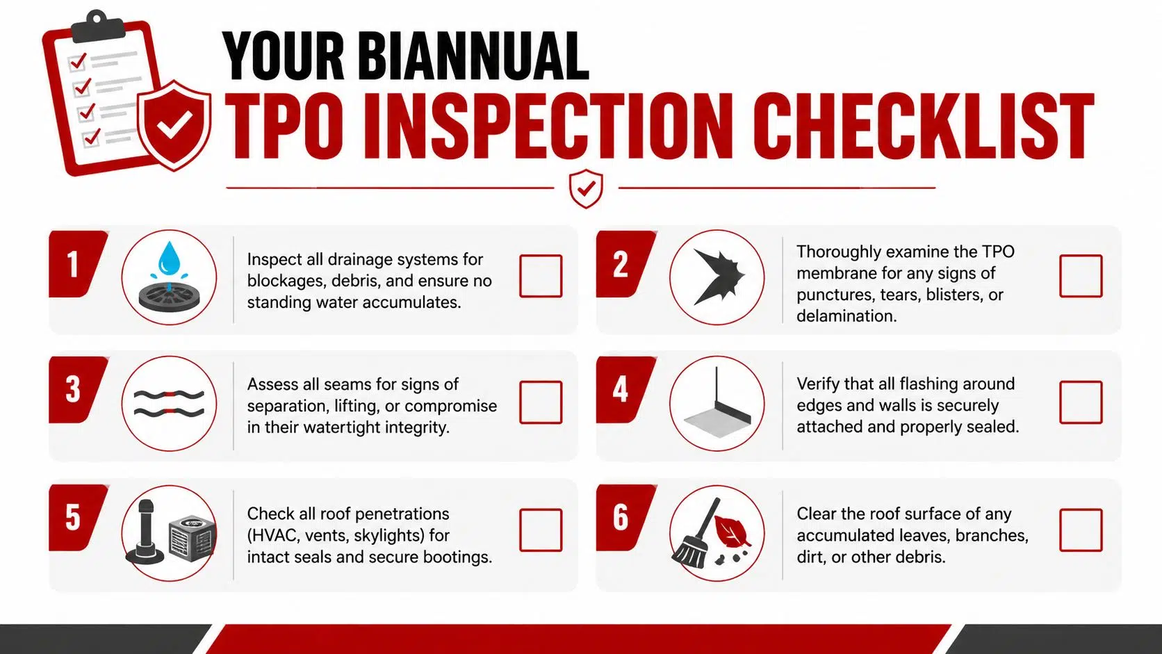 TPO Roofing Maintenance: A Chicago Property Owner's Guide 1 A checklist infographic outlining the six essential steps for biannual TPO roofing maintenance and inspection.
