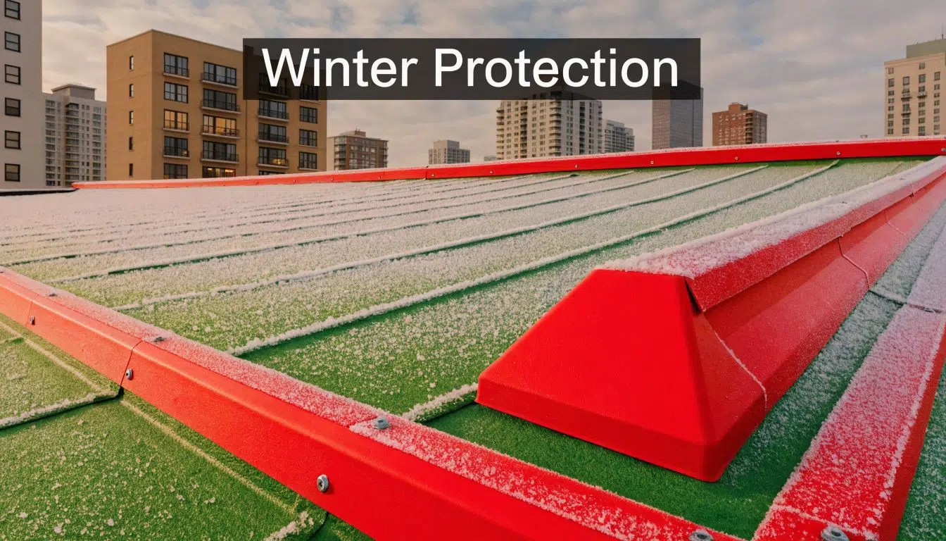 TPO Roofing Maintenance: A Chicago Property Owner's Guide 4 A close up view of a green metal TPO roof covered in light snow during winter.