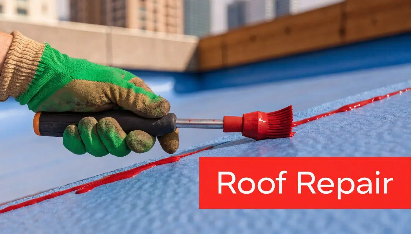 TPO Roofing Maintenance: A Chicago Property Owner's Guide 3 A close-up view of a worker applying red liquid sealant on a blue TPO roof surface