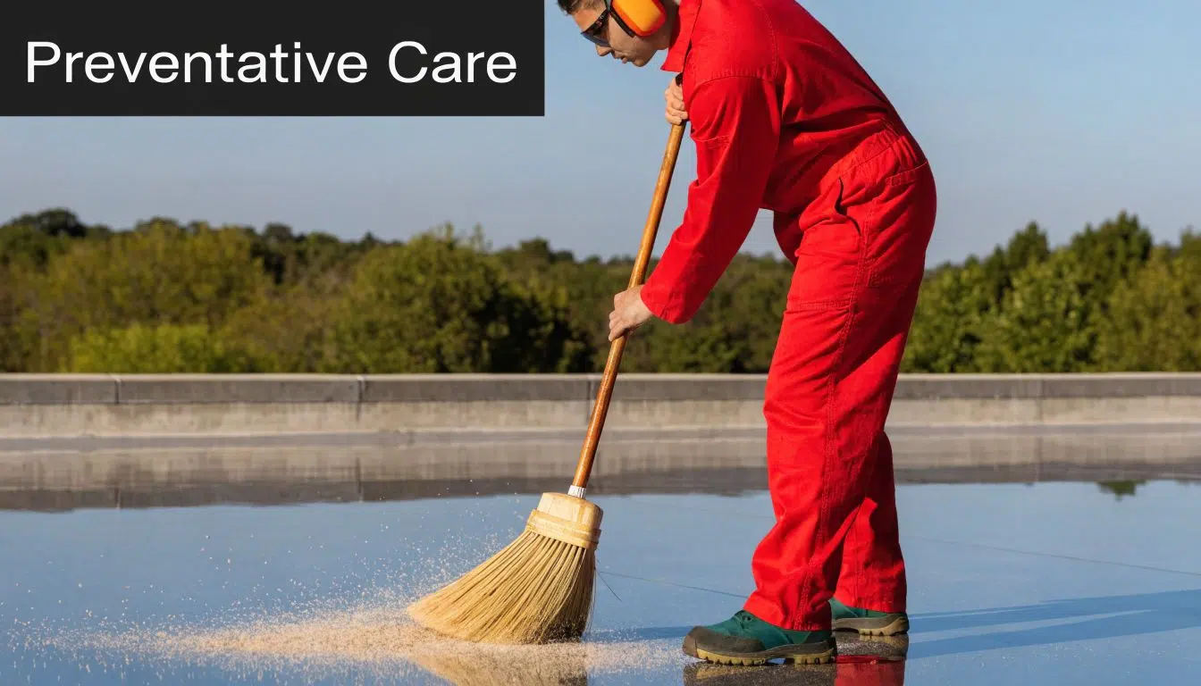 TPO Roofing Maintenance: A Chicago Property Owner's Guide 2 A professional worker in a red uniform sweeps debris off a smooth TPO roofing surface.
