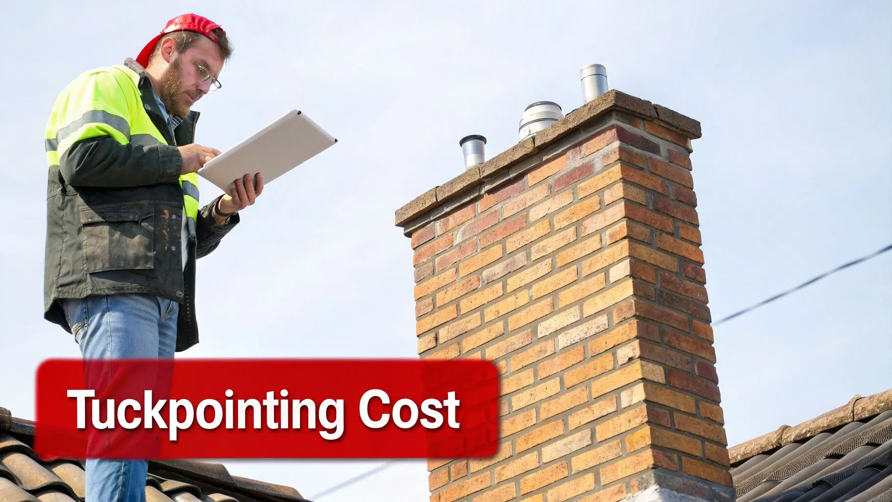 Worker on a roof inspecting a brick chimney with a tablet, showing 'Tuckpointing Cost'.