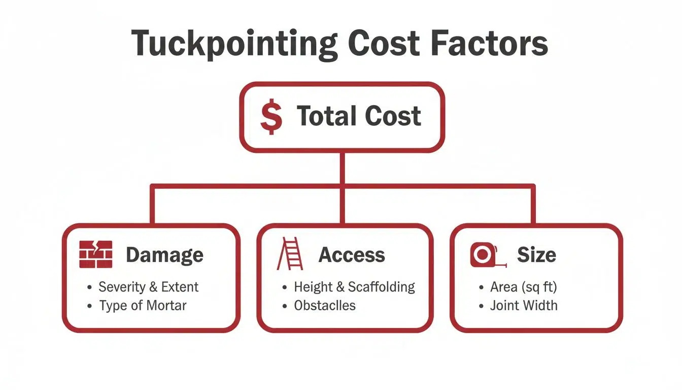 A flowchart detailing tuckpointing cost factors, including damage, access, and size, affecting the total cost.