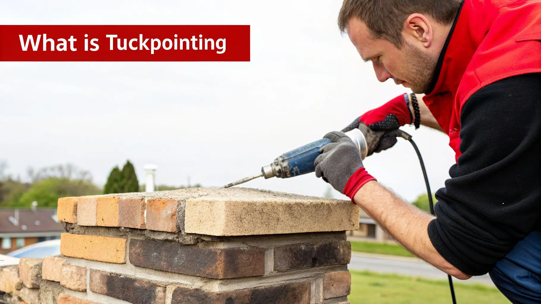 A man in gloves and red vest performs tuckpointing on a brick chimney column, using a power tool.
