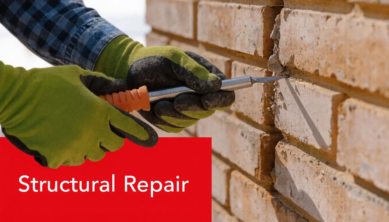 Tuckpointing vs Repointing: What’s the Difference? 2 A construction worker in gloves uses a tool to repair mortar between bricks on a wall.