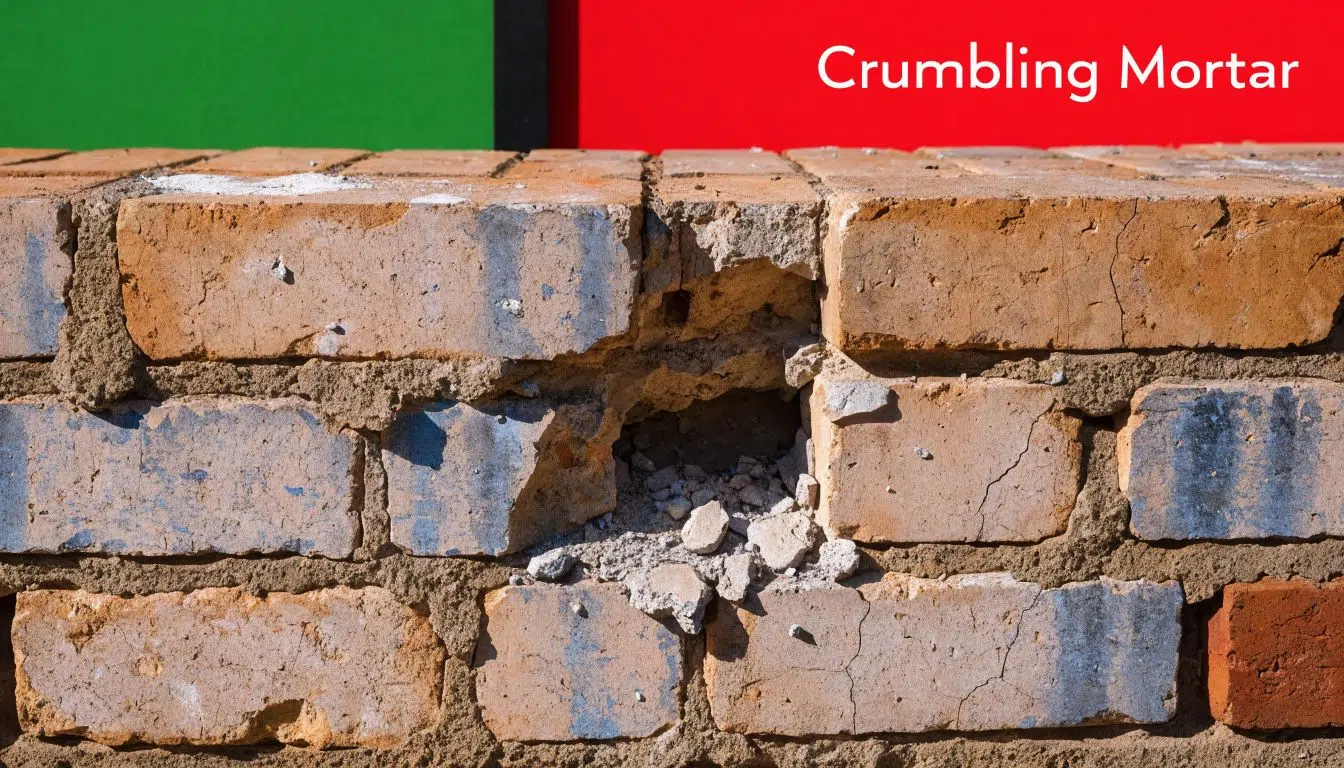 Tuckpointing vs Repointing: What’s the Difference? 1 A close-up view of a damaged brick wall showing significant mortar erosion and a missing chunk.