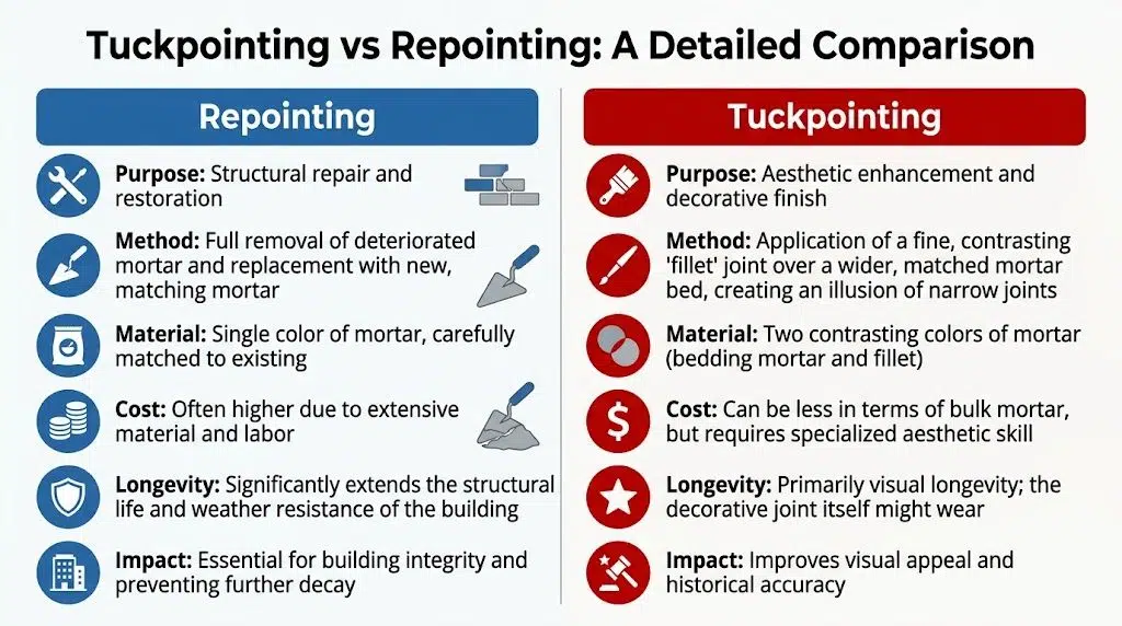 Tuckpointing vs Repointing: What’s the Difference? 4 A comparison chart outlining the key differences between tuckpointing and repointing techniques for masonry maintenance and repair.