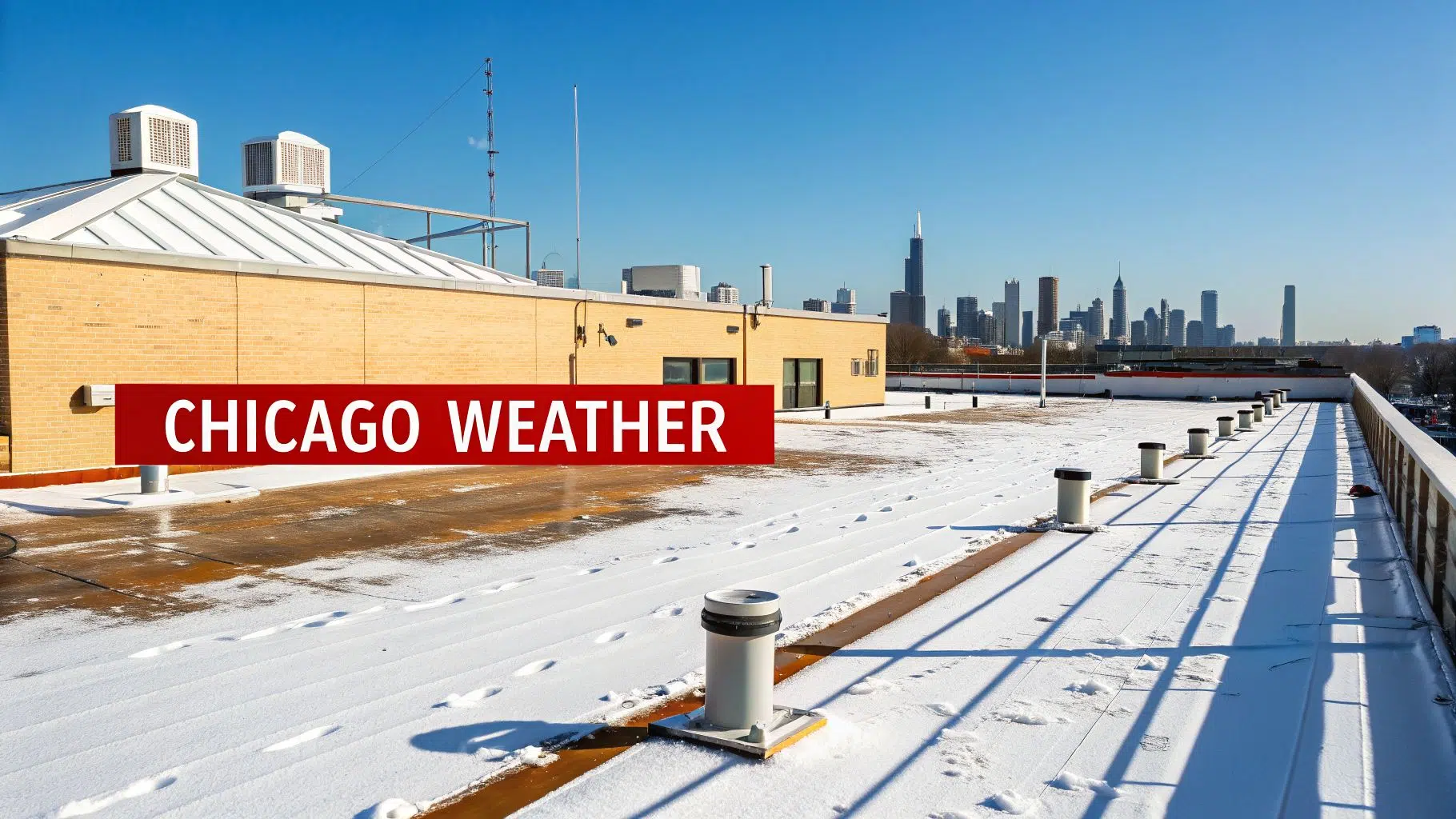 A snowy rooftop with footprints leading towards a city skyline, including Chicago's Willis Tower, under a clear blue sky.