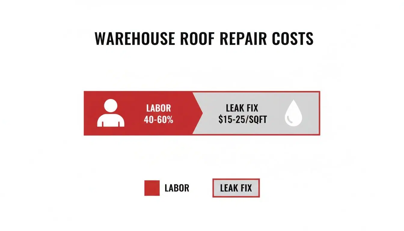 Warehouse roof repair costs infographic, highlighting labor contribution and leak fix expenses per square foot.