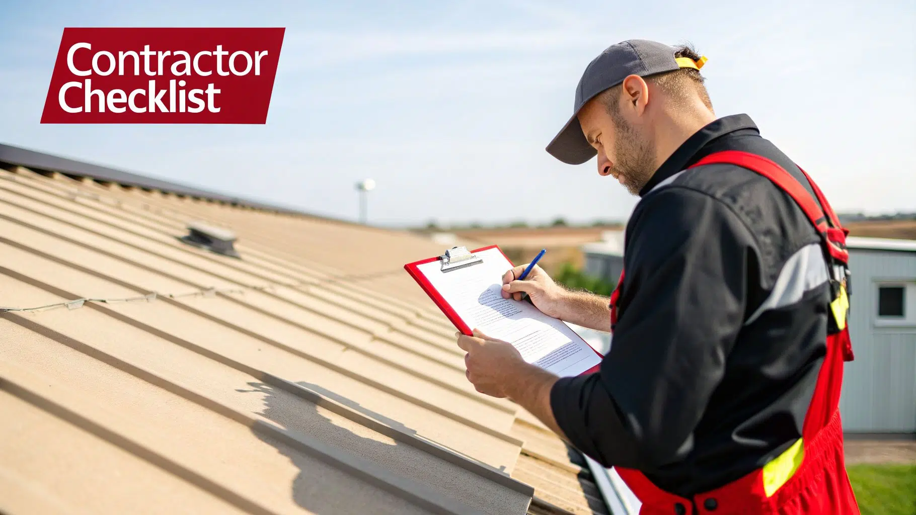 A contractor on a metal roof reviews a checklist, holding a clipboard and pen.