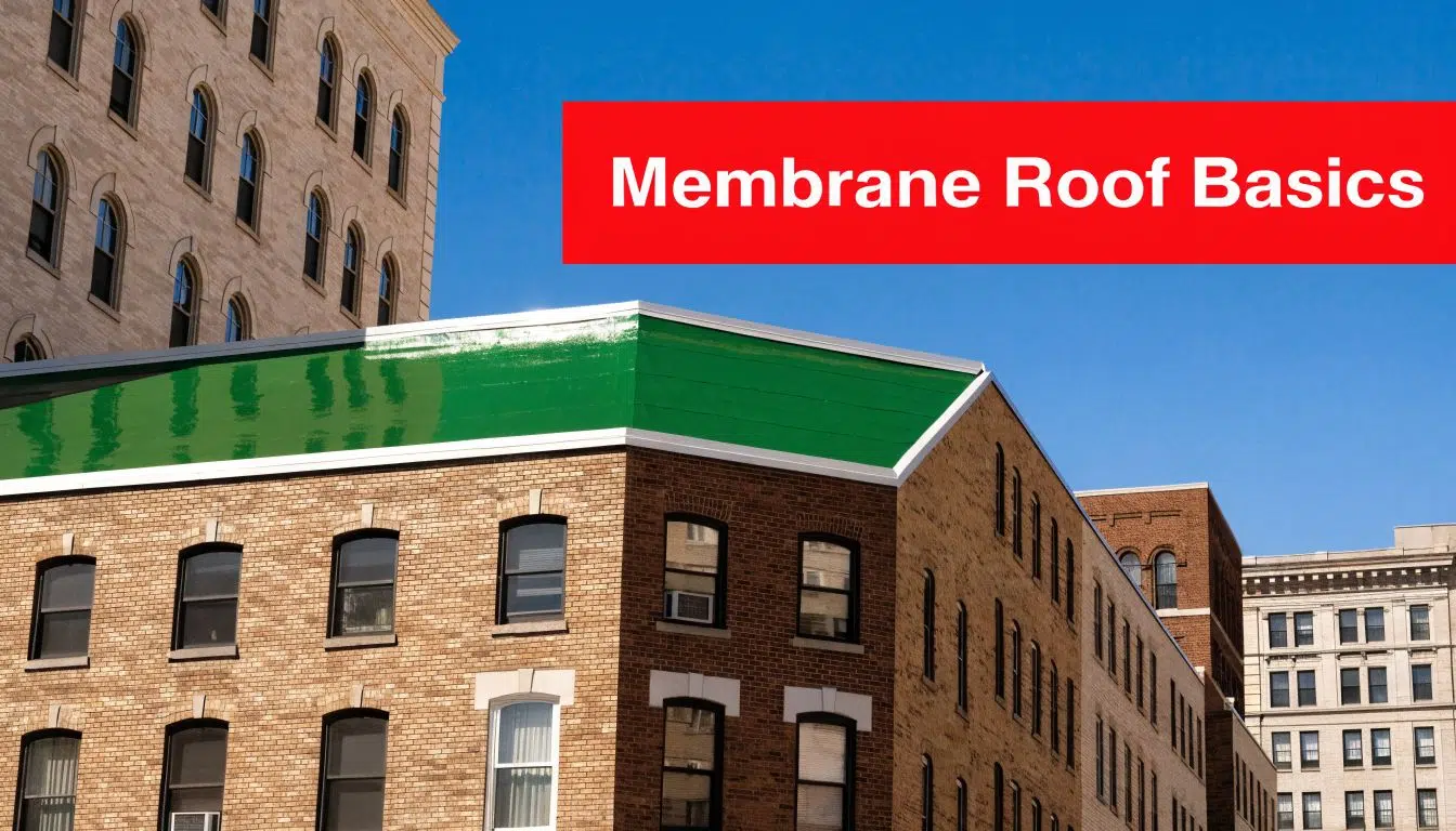 What Is a Membrane Roof? A Chicago Homeowner's Guide 1 A modern brick building featuring a bright green membrane roof under a clear blue sky.