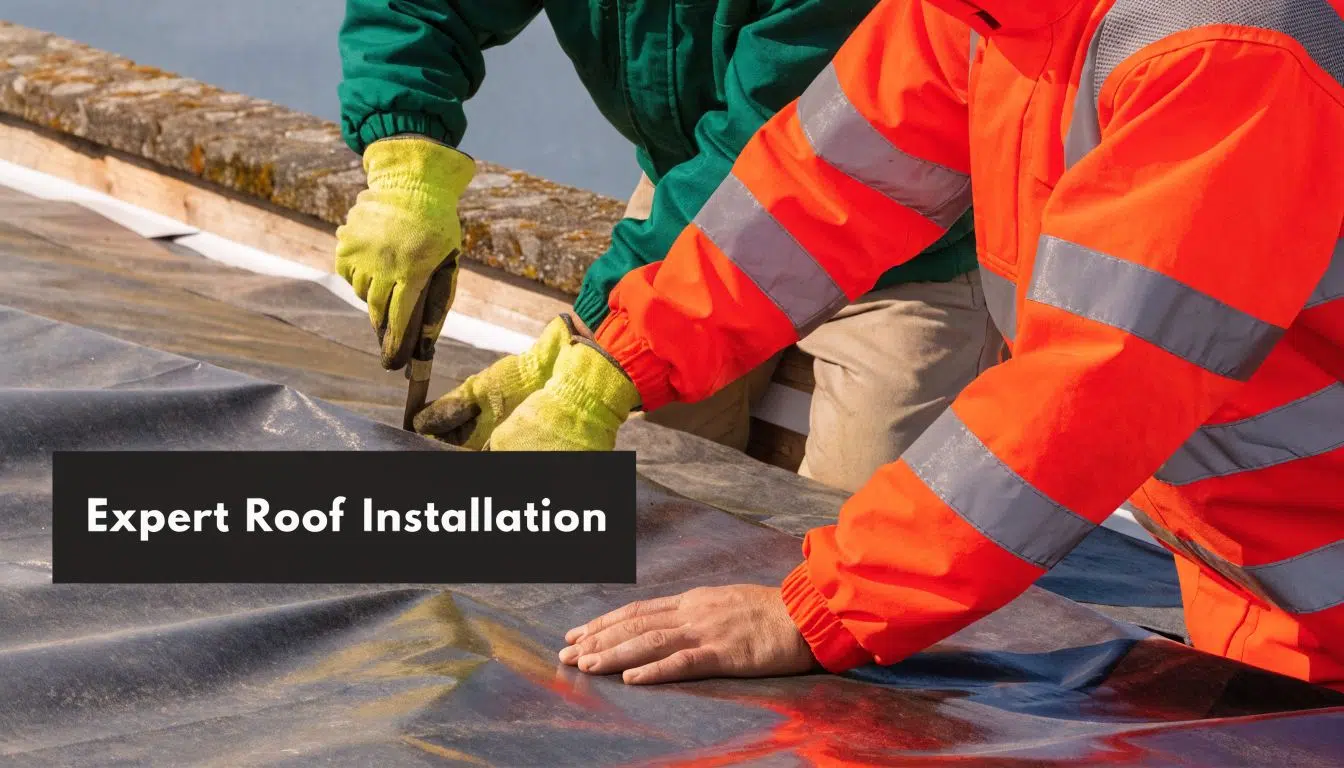 What Is a Membrane Roof? A Chicago Homeowner's Guide 3 Construction workers carefully installing a black waterproof membrane roof layer during a residential building renovation project.