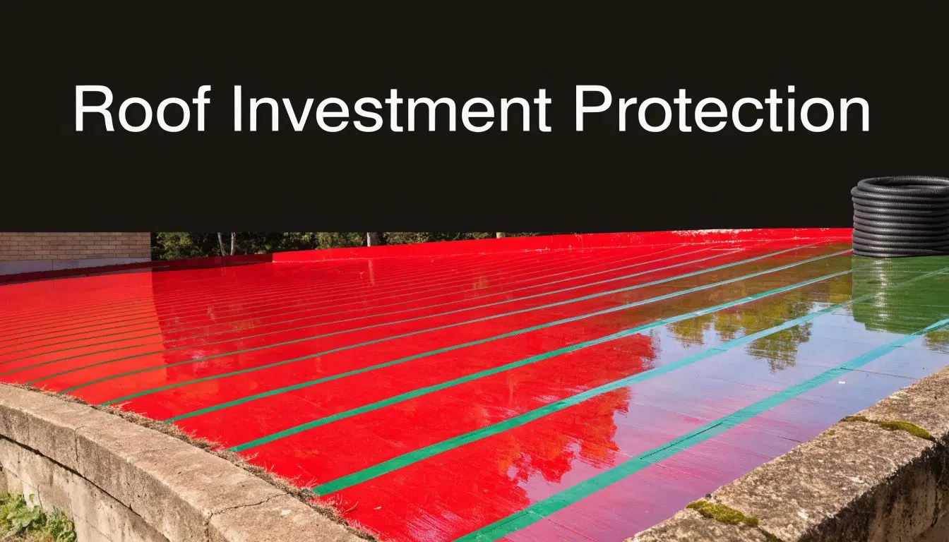 What Is a Membrane Roof? A Chicago Homeowner's Guide 4 A flat roof surface featuring a red waterproof membrane with green sealant strips for protective installation.