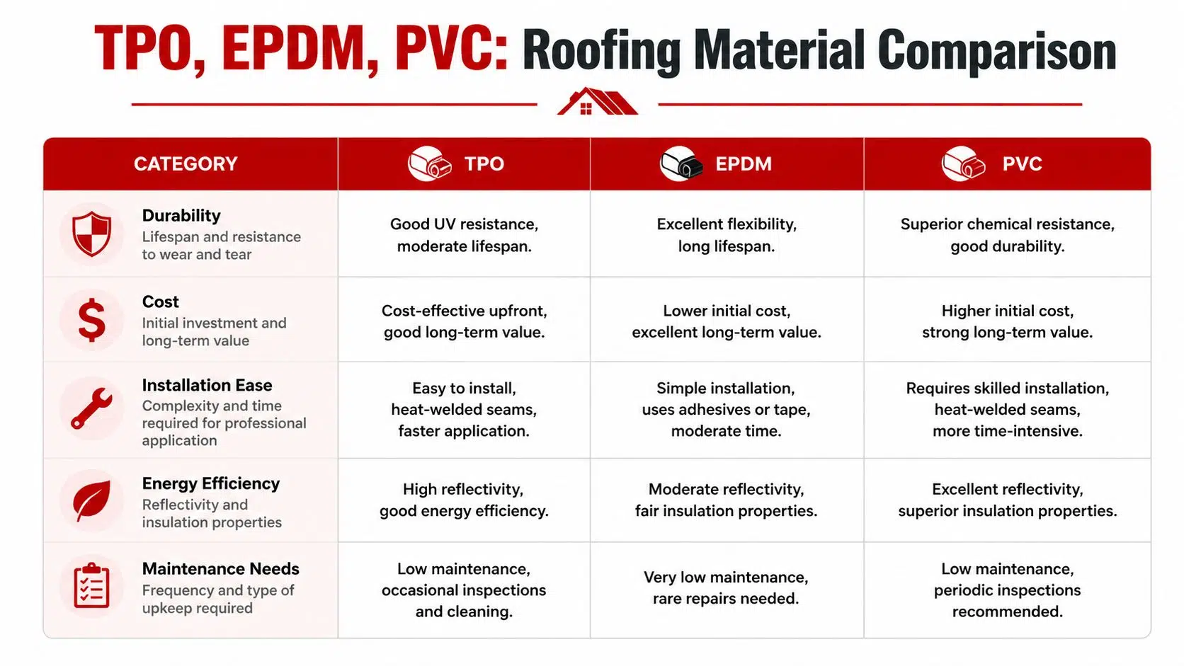 What Is a Membrane Roof? A Chicago Homeowner's Guide 2 A comparison chart outlining the characteristics of TPO, EPDM, and PVC roofing materials across five key categories.