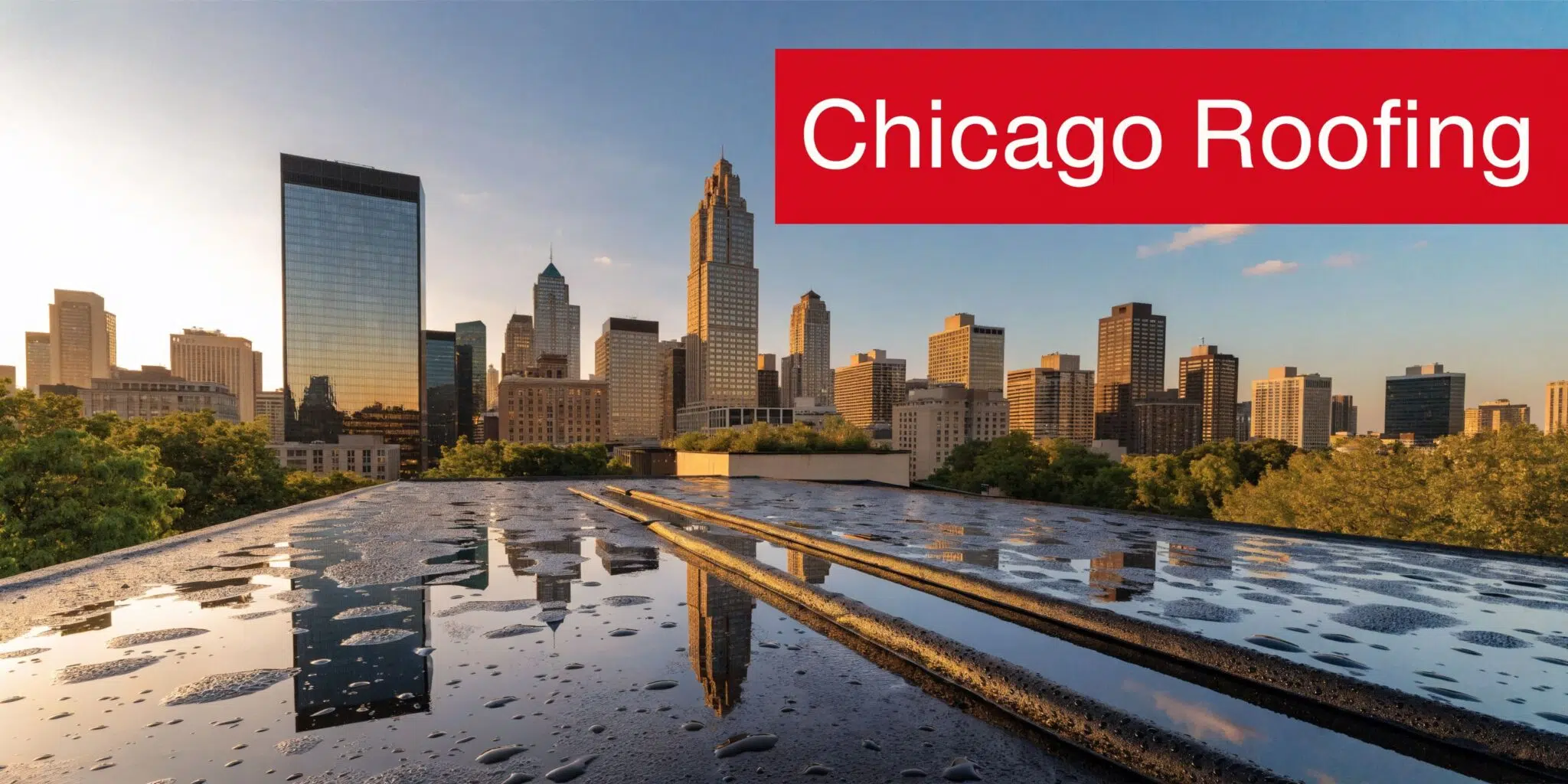 What is Modified Bitumen Roofing? (Pros & Cons) 4 A wide angle view of the Chicago skyline reflected on a wet, flat commercial rooftop at sunset.