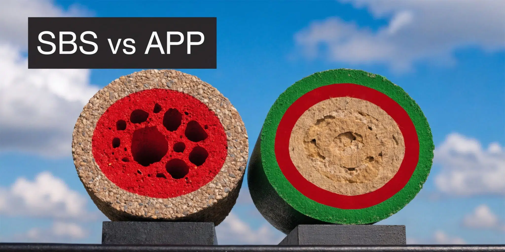 What is Modified Bitumen Roofing? (Pros & Cons) 2 A cross-section view comparing two types of modified bitumen roofing materials against a blue sky background.