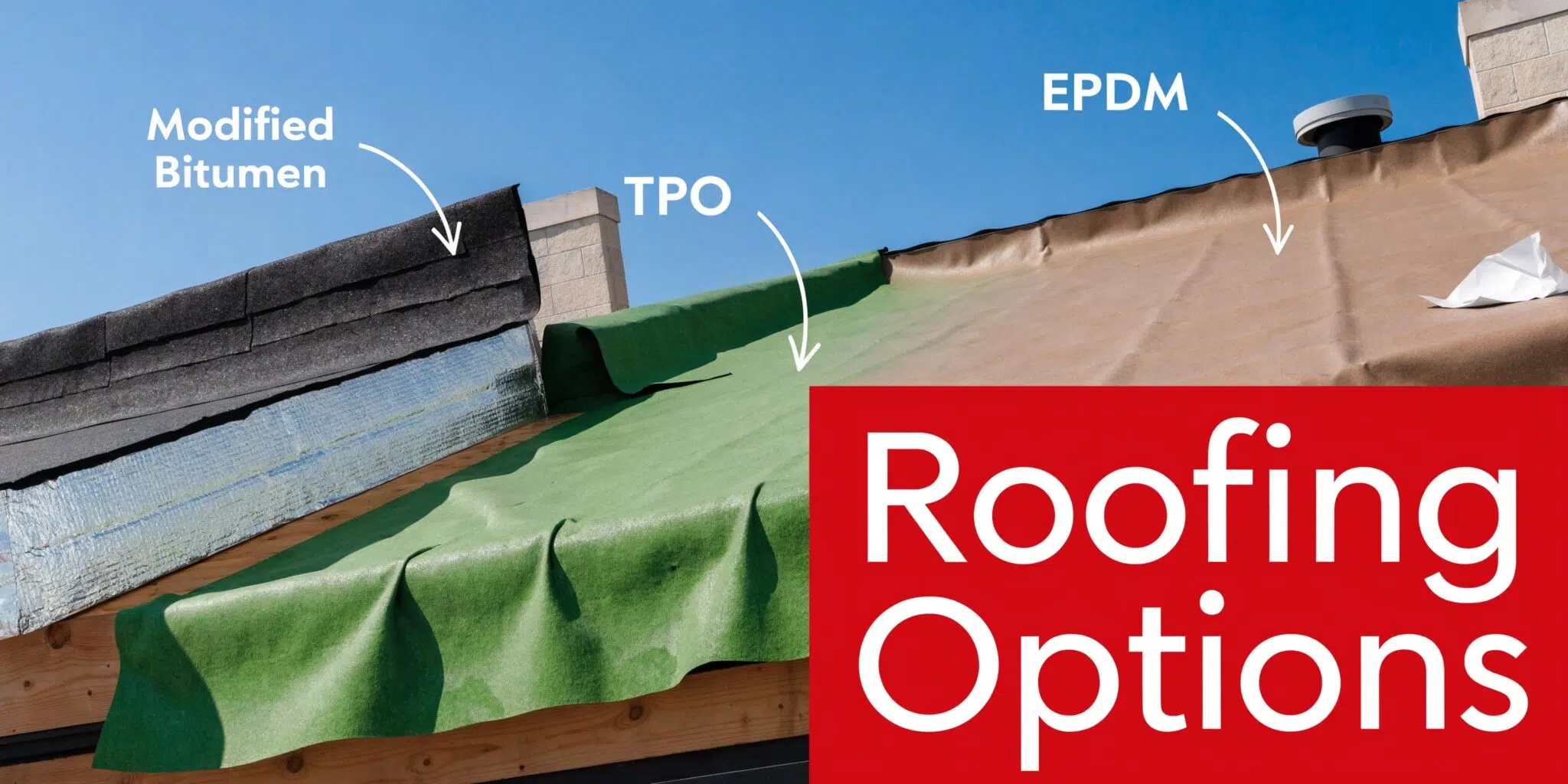 What is Modified Bitumen Roofing? (Pros & Cons) 3 A construction site showing three different types of flat roofing materials: modified bitumen, TPO, and EPDM membranes.