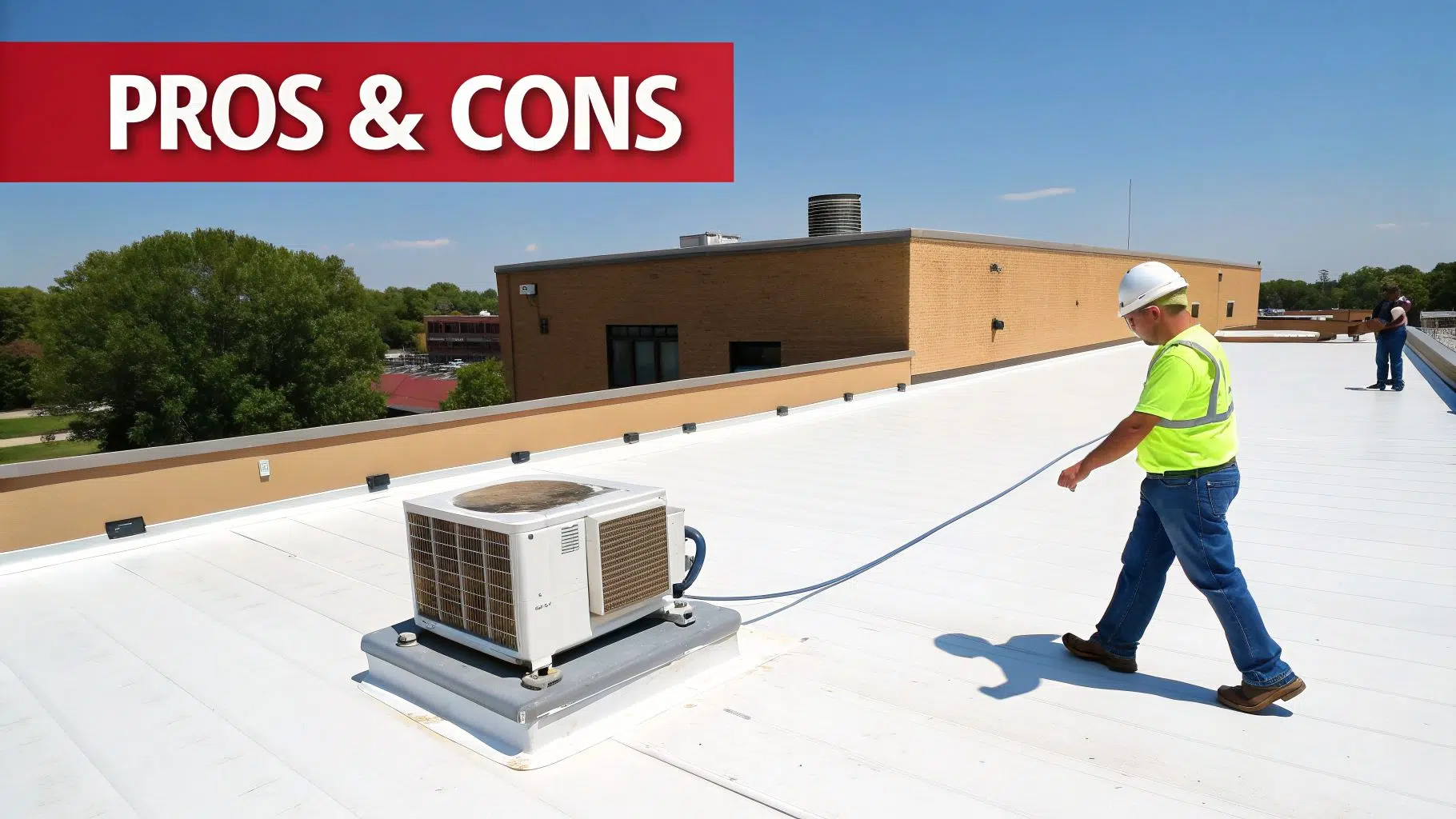 What is Torch Down Roofing? (Materials, Types, Advantages) 2 Workers on a bright white flat commercial roof with an HVAC unit and 'PROS & CONS' banner.