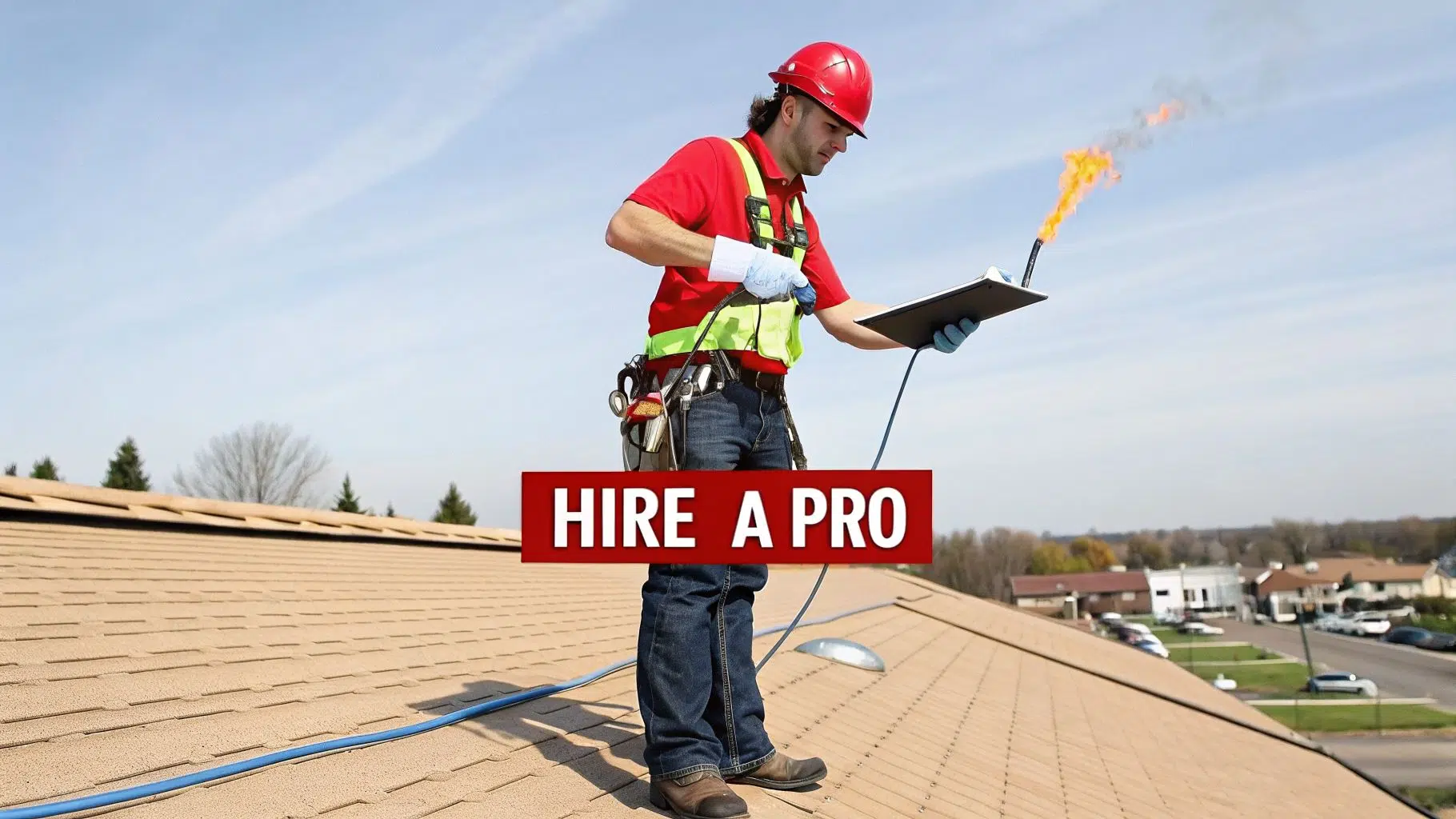 What is Torch Down Roofing? (Materials, Types, Advantages) 3 Professional roofer on a sunny shingle roof, wearing safety gear and applying torch down roofing with a flame.