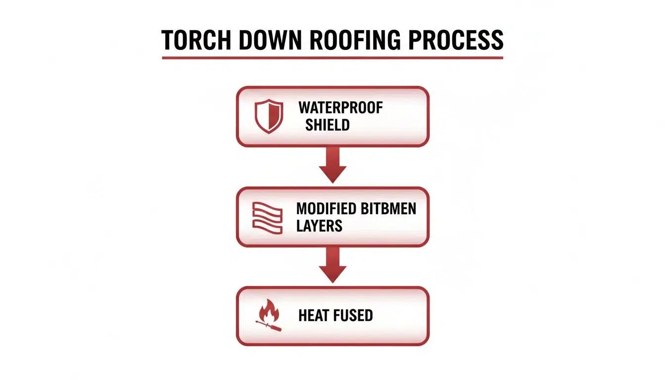 What is Torch Down Roofing? (Materials, Types, Advantages) 1 A flowchart illustrating the torch down roofing process, showing steps like waterproof shield, modified bitumen layers, and heat fusing.